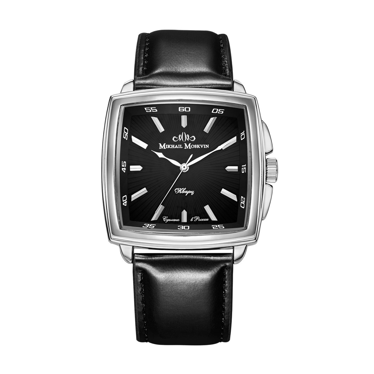 Часы наручные мужские Mikhail Moskvin Classic, цвет: серебристый. 1039A1L51039A1L5 Часы наручные мужские Mikhail Moskvin Classic, цвет: серебристый. 1039A1L51039A1L5Классические наручные кварцевые часы Mikhail Moskvin Classic выполнены из высококачественных материалов. Квадратный двухуровневый корпус шириной 43 мм со слегка выпуклыми боками дополнен небольшими ушками и скругленными предохранителями вокруг переводной головки и покрыт по современной технологии – ионным напылением стали. Поверхность черного циферблата гильоширована тонкими лучами, расходящимися от центра. Часовые индексы в виде стальных прямоугольных знаков продолжаются на скошенной рамке циферблаты обозначением позиций минут. Высокоточный японский кварцевый механизм, производства фирмы Seiko Epson, оснащен часовой, минутной и секундной стрелками. Гладкий черный ремень со стальной застежкой - гарантируют комфорт и надежность.