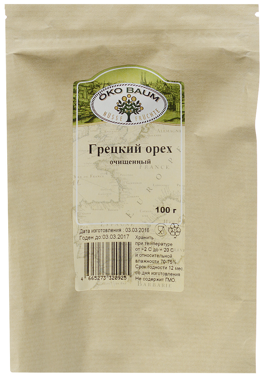 Oko Baum грецкий орех очищенный, 100 г4665273320925 Oko Baum грецкий орех очищенный, 100 г4665273320925Грецкий орех – лакомство, знакомое с самых давних времен. Он завоевывает все больше поклонников по всему миру, используется почти во всех кухнях. По совокупности полезных свойств нам трудно найти равных грецкому ореху в растительном мире. Состав грецкого ореха огромен. Он содержит массу микроэлементов и витаминов. Кремний, медь, железо, натрий, кобальт, железо, цинк восстанавливают организм и продлевают молодость. Богат он и на витамины группы В, РР, С, Е, А, в составе много ненасыщенных жирных кислот, стероиды, алкалоиды, клетчатка, необходимый для организма белок. Имеет более 20 аминокислот, в том числе незаменимые. По содержанию аскорбиновой кислоты продукт превышает даже смородину и цитрусовые. В сезон простуды и гриппа он просто незаменим. Многие заболевания лечит этот чудо-продукт. В орехе удивительным образом сочетается польза и вкус. Грецкий орех нужно съедать каждый день в количестве 3-4 ядер. Здоровым людям можно есть немного больше.
