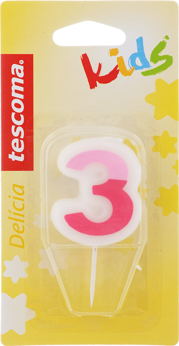 Свеча для торта Tescoma Delicia Kids, тройка, цвет: белый, розовый630973 Свеча для торта Tescoma Delicia Kids, тройка, цвет: белый, розовый630973Свеча для торта Tescoma Delicia Kids изготовлена из высококачественного парафина, фитиль - натуральное волокно. Это отличное решение для декорирования торта к празднику. Ее можно комбинировать с другими цифрами. Изделие хорошо и долго горит. С этой свечой ваш праздник станет еще удивительнее и веселее. Высота свечи (без учета иглы): 4,5 см. Ширина свечи: 4 см.