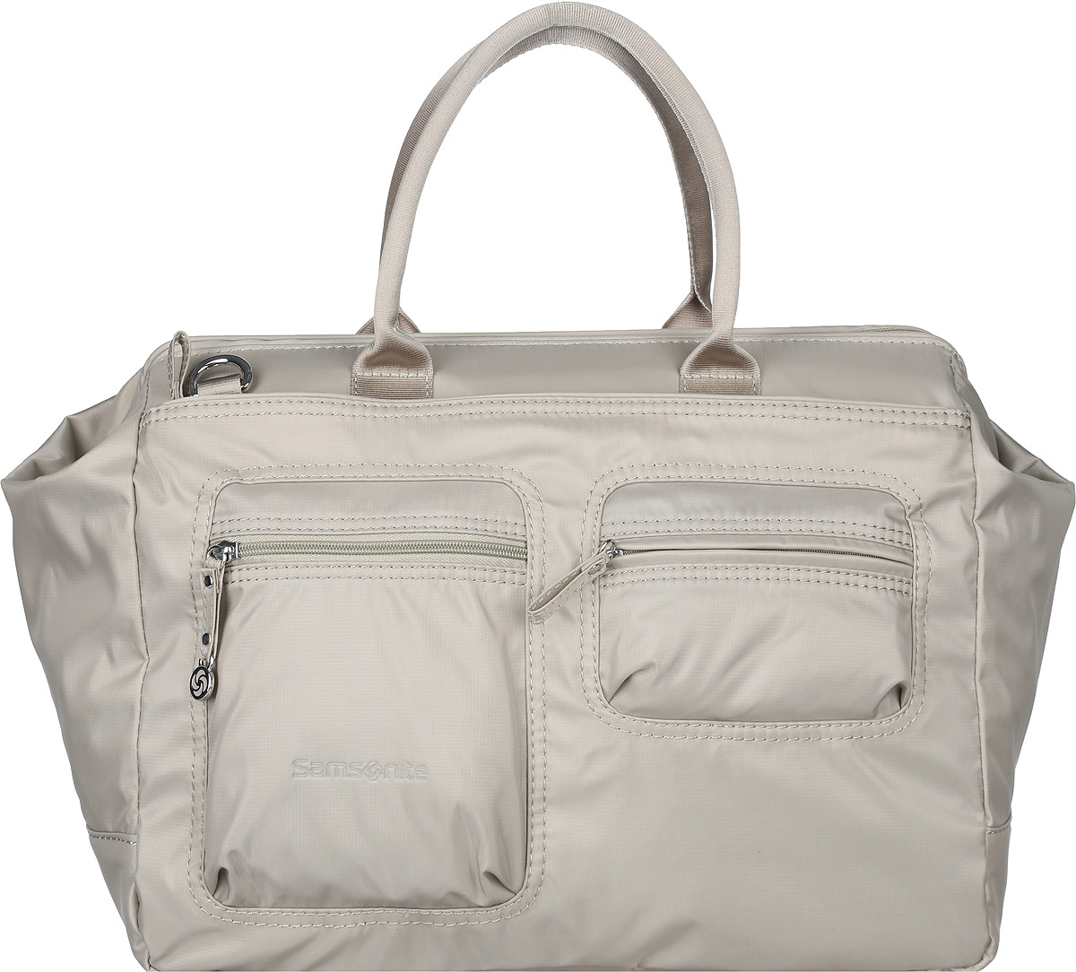 Сумка женская Samsonite, цвет: серо-бежевый. 5H3*720615H3*72061 Сумка женская Samsonite, цвет: серо-бежевый. 5H3*720615H3*72061Стильная и вместительная женская сумка Samsonite выполнена из полиамида. Изделие имеет одно основное отделение, закрывающееся на застежку-молнию. Внутри находятся шесть накладных открытых карманов, два из которых на резинках, прорезной карман на застежке-молнии и текстильный ремешок с карабином для ключей. Снаружи, на передней стенке расположены нашивной карман на застежке-молнии и два накладных объемных кармана на застежках-молниях, на задней стенке - два нашивных кармана на застежках-молниях. Модель оснащена двумя удобными ручками. В комплект входит съемный регулируемый плечевой ремень. Встроенные металлические скобы удерживают сумку в открытом состоянии. Стильная сумка станет незаменимой в повседневной жизни и в путешествиях.
