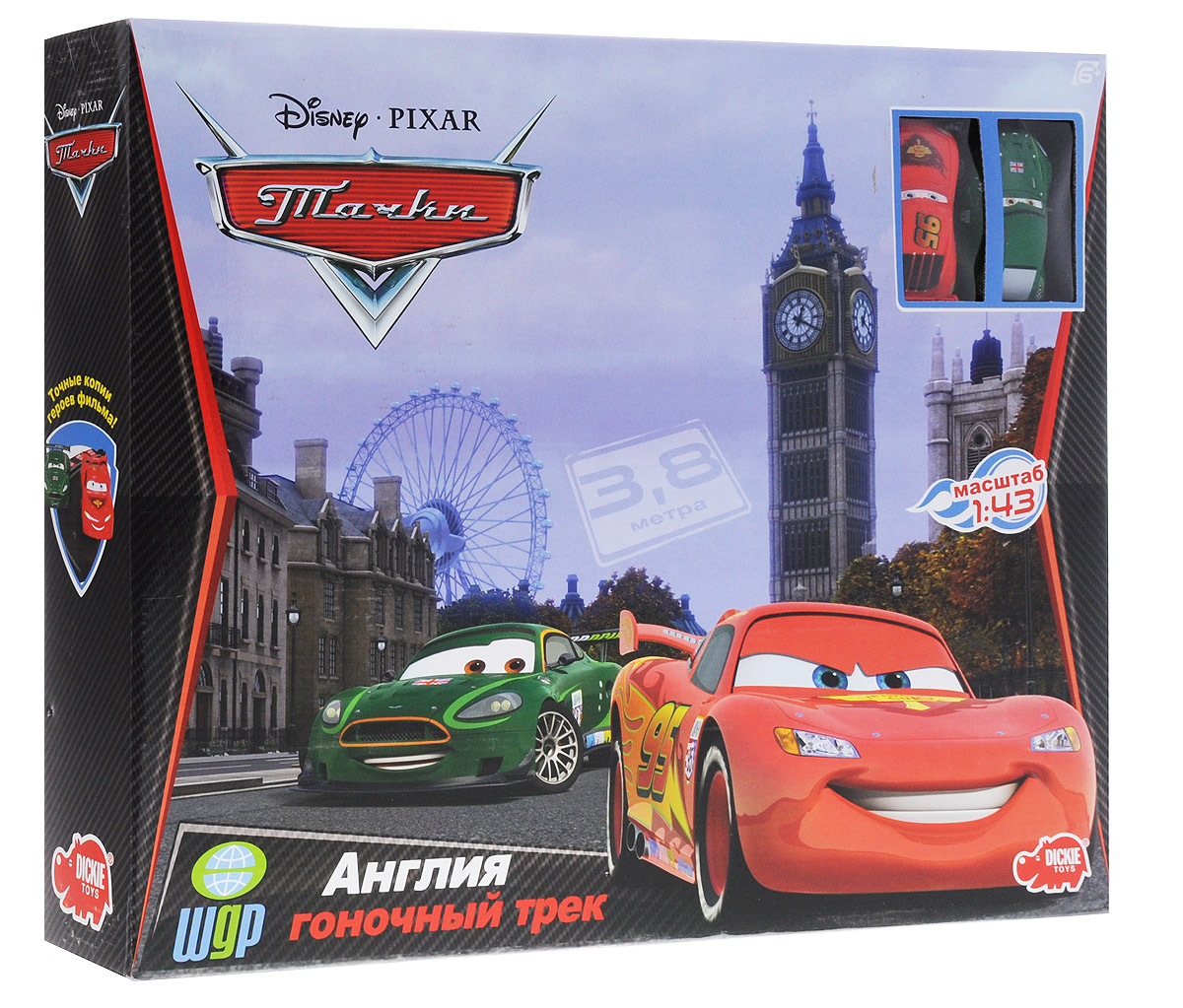 Dickie Toys Гоночный трек Англия3083079 Dickie Toys Гоночный трек Англия3083079Гоночный трек Dickie Toys Англия - увлекательная игра заинтересует вашего ребенка и его друзей. Она напомнит им о приключениях героев мультфильма Тачки. Теперь гонки проходят в Англии. Великолепная трасса, виражи и дух соперничества понравятся всем участникам игры. В набор входят элементы для сборки увлекательного трека длиной в 3,8 метра, 2 машинки, а также другие аксессуары. Управляется трек с помощью пульта, который имеет два контроллера скорости. Трек выполнен в виде восьмерки, малого круга и большого, а также рассчитан на две машинки, которые являются полной копией любимых героев из мультфильма. Попробуйте пройти все повороты на треке и победить! Игры с треком способствуют развитию фантазии малыша, сенсорного восприятия, а также мелкой моторики рук. Для работы трека необходимо купить 8 батареек типа АА (не входят в комплект).