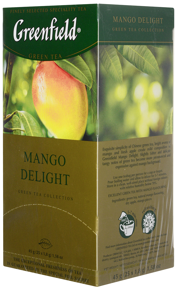 Greenfield Mango Delight зеленый неферментированный чай в пакетиках, 25 шт0655-10 Greenfield Mango Delight зеленый неферментированный чай в пакетиках, 25 шт0655-10Изысканная лаконичность зеленого китайского чая, солнечный аромат манго и свежие яблочные ноты создают мягкую композицию Greenfield Mango Delight. Легкая горчинка и тонкие терпкие оттенки, характерные для зеленого чая, в Greenfield Mango Delight становятся ярче и выразительнее в обрамлении манговых нот.