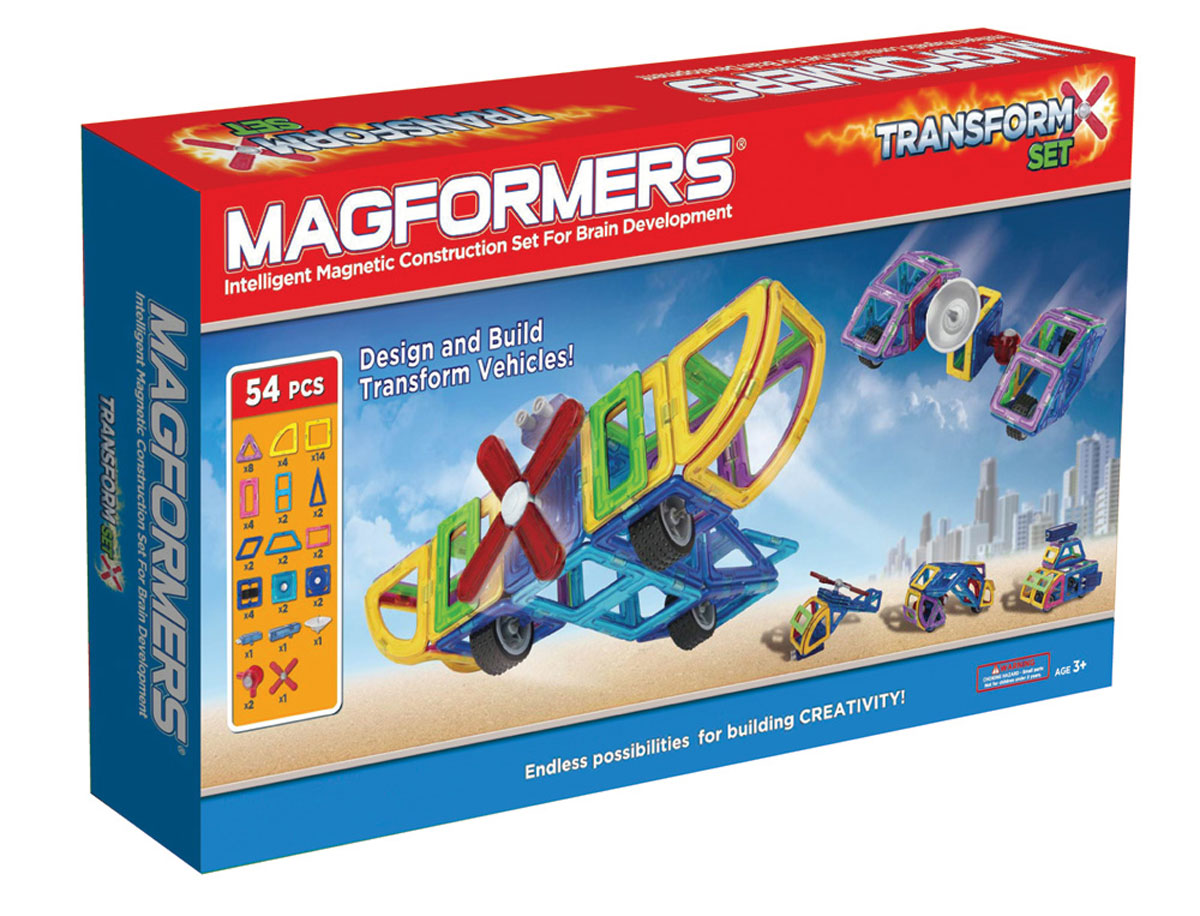 Magformers Магнитный конструктор Transform Set63089 Magformers Магнитный конструктор Transform Set63089Magformers Transform Set прекрасно подходит для знакомства ребенка с миром авиации и техники. С ним маленький авиатор будет создавать вертолеты, самолеты, и космические корабли. Набор состоит из 54 деталей: наряду с базовыми элементами это и сектор, и арка, и минипрямоугольник. Среди аксессуаров вы сможете найти пушку для строительства военной техники и пропеллер для авиатехники. Одиночные колеса, которые могут выполнять функции, например, шасси для самолета или же опор для лунохода. Антенна незаменима для космической техники: вездехода, космической станции, ракеты - ведь все это станет гораздо реалистичнее с нею. Специальные вращающиеся блоки и шарниры сделают аксессуары подвижными, что, безусловно, добавит игре динамики и интереса. Набор Magformers Transform Set отличный подарок для любого увлекающегося техникой ребенка!