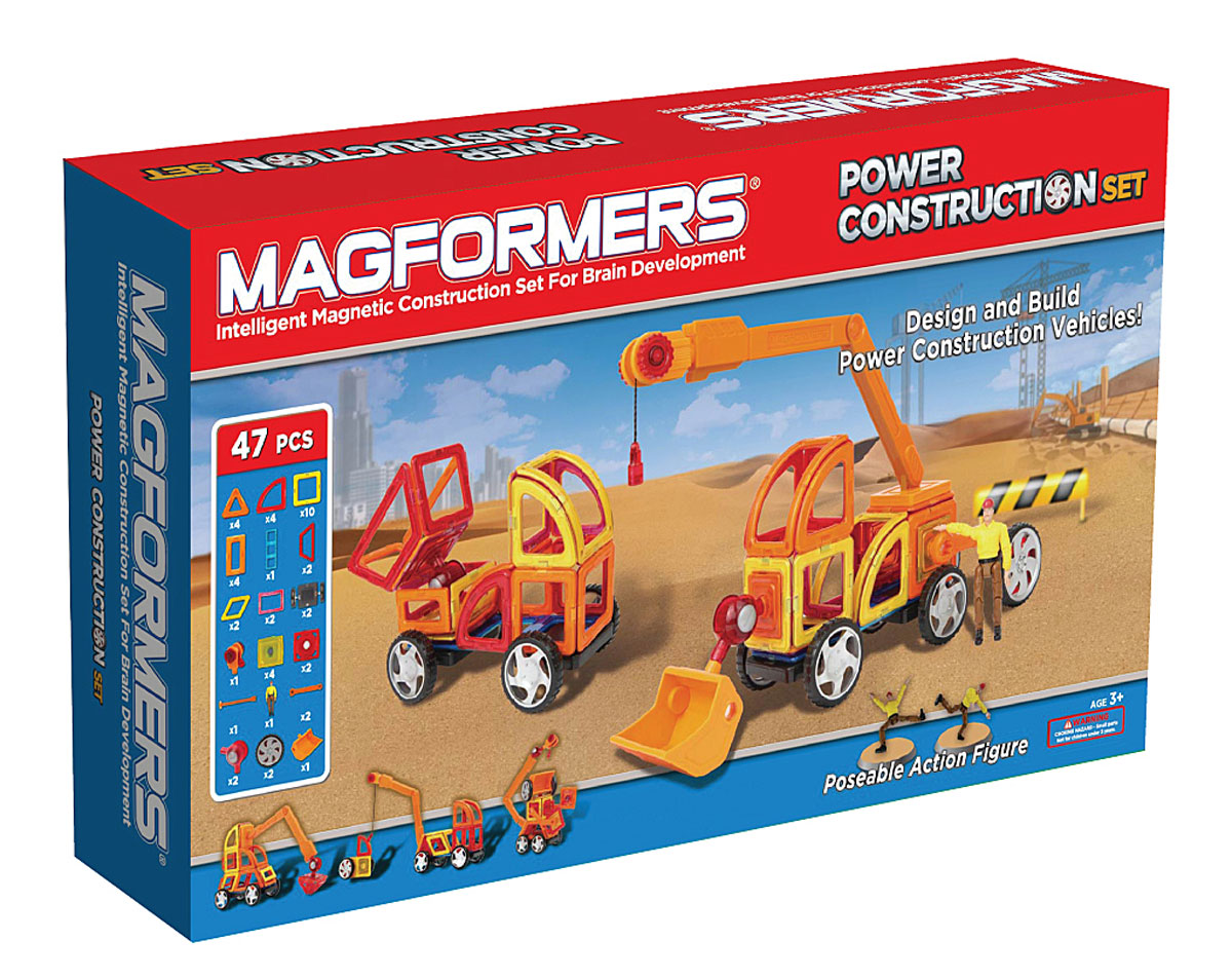 Magformers Магнитный конструктор Power Construction Set63090 Magformers Магнитный конструктор Power Construction Set63090Magformers Power Construction Set - пожалуй, самый интересный из существующих наборов, предназначенных для создания строительной техники. В состав набора входит 47 элементов: сектор, арка, минипрямоугольник, а также специальные аксессуары, которые позволят ребенку создавать разнообразные модели строительных машин. Причем кажется, что возможности этих аксессуаров просто безграничны. вы можете создать обычную машинку, а потом при помощи рычагов и коннекторов превратить ее в настоящий трактор или бульдозер. Набор также дополнен фигуркой Строитель в униформе с подвижными руками и ногами, что позволяет не просто создать экскаватор, но и посадить внутрь него водителя. За счет того, что в ноги и руки строителя вмонтированы магниты, его прочно можно закрепить внутри созданной техники. Или проявите фантазию и посадите строителя, например, на крышу. В набор входит уже готовый ковш, что упрощает процесс создания техники типа экскаватор, специальные коннекторы и рычаги для его...