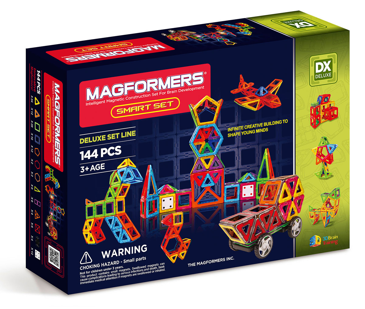 Magformers Магнитный конструктор Smart Set63082 Magformers Магнитный конструктор Smart Set63082Набор Magformers Smart Set состоит из 144 элементов. Такое количество деталей предоставляет огромный спектр возможностей по созданию всего того, на что способна фантазия вашего малыша — от простых построек детишек помладше до сложнейших больших конструкций ребят более старшего возраста. В составе данного набора много стандартных базовых деталей — треугольников и квадратов. Уже только с их помощью вы сможете делать шары, башни, домики, замки... А уж если добавить остальные имеющиеся детали, то возможности Magformers становятся практически безграничными! Платформы с колесами, входящие в состав набора, позволяют собирать различные машины. Вставки в квадраты предназначены для украшения построек, и, заодно, могут помочь Вашему ребенку изучить счет. А также с их помощью полые постройки могут обрести стены. Также в этот набор входят суперквадраты и супертреугольники, которые так любят дети. Они по размеру в 4 раза превышают обычные, и постройки с их использованием сразу...