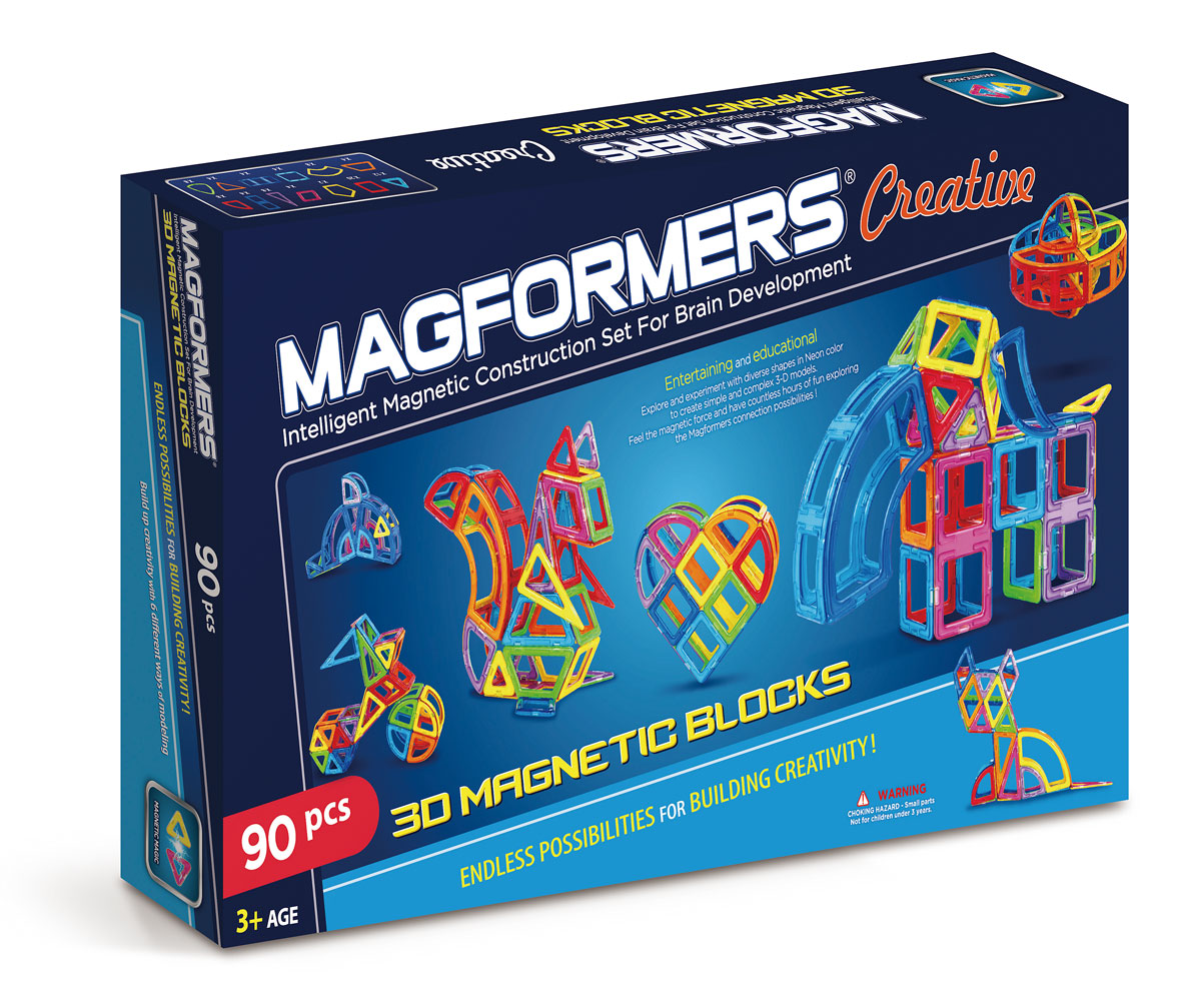 Magformers Магнитный конструктор Creative 9063118 Magformers Магнитный конструктор Creative 9063118Одна из самых популярных новинок осени 2014 года — Magformers Creative 90 — включает в себя 90 магнитных элементов Magformers. Несмотря на то, что все детали Magformers Creative 90 встречаются в тех или иных наборах, количество магнитных элементов не даст фантазии вашего ребёнка расслабиться. Немного креативности, и любой замок или дворец, танк или корабль, дерево или бабочка могут быть построены в считаные минуты. Ромбы и трапеции, прямоугольники и пятиугольники, арки и суперарки и ещё многое другое ждёт Вас в этом замечательном наборе! Новичок вы или магнитный профессионал — в любом случае Magformers Creative 90 придётся вам по вкусу!
