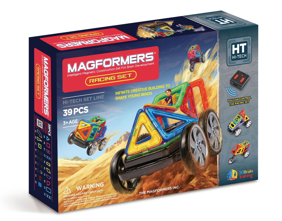 Magformers Магнитный конструктор Racing Set63131 Magformers Магнитный конструктор Racing Set63131Magformers Racing Set — это Magformers на дистанционном управлении! В этот великолепный набор входит большое количество стандартных элементов Magformers, но также и новые детали: суперарка, суперсектор и суперпрямоугольник. Также вы найдёте здесь пульт дистанционного управления и все ваши удивительные постройки из Магформерс обретут жизнь в движении! Помимо этого в набор входят различные виды колёс, среди которых редкое мотоциклетное колесо, встречавшееся до этого только в Magformers Mega Brain Set. Набор Magformers Racing Set идеален и как развитие вашей коллекции Магформерс, и как первый конструктор Магформерс у вас дома. Ведь все детали Magformers на 100% совместимы друг с другом! Обращаем ваше внимание, что наборы Магформерс предназначены для детей старше 3-х лет. Дети меньшего возраста тоже с удовольствием играют в Магформерс, но только вместе с родителями!
