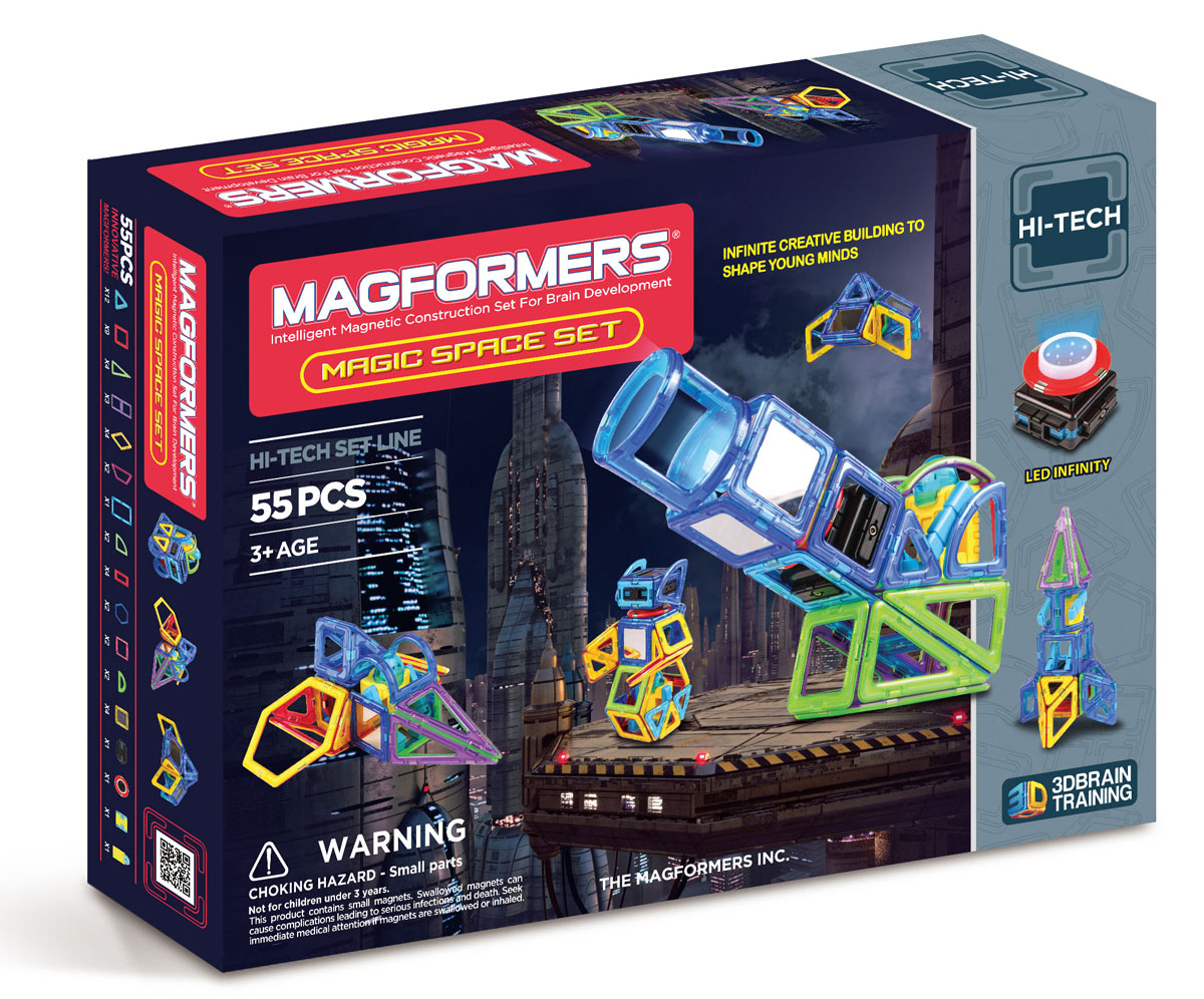 Magformers Магнитный конструкторр Magic Space63140 Magformers Магнитный конструкторр Magic Space63140Набор Magformers Magic Space Set — самый загадочный из всех конструкторов Магформерс. Новые удивительные аксессуары — звездный светодиод, зеркала и пульт включения направят вашу фантазию на создание космических кораблей, телескопов и настоящих инопланетян. А поможет вам в этом маленький космонавт, который, как это не удивительно, сам по себе является очень интересной игрушкой-трансформером. Обращаем ваше внимание, что наборы Магформерс предназначены для детей старше 3-х лет. Дети меньшего возраста тоже с удовольствием играют в Магформерс, но только вместе с родителями!