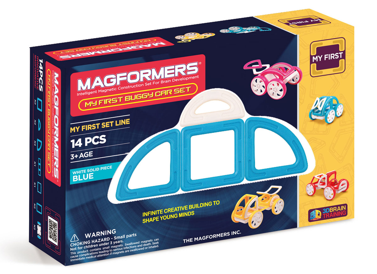 Magformers Магнитный конструктор My First Buggy цвет синий63146 Magformers Магнитный конструктор My First Buggy цвет синий63146Набор Magformers My First Buggy Car Set из серии Мой Первый Магформерс отлично подойдет для начала знакомства с развивающим конструктором! Он включает в себя великолепно иллюстрированные карточки, которые познакомят Вас с принципами конструирования из Магформерс и покажут, как собрать разнообразные машинки Багги — для передвижения по песчаным прибрежным дюнам, для гонок по бездорожью или по пересеченной местности. Детали выполнены в ярких тонах: желтый, голубой, красный и розовый с одной стороны и белый цвет с другой стороны. Необычные приключения ждут с новым набором Magformers My First Buggy Car Set.