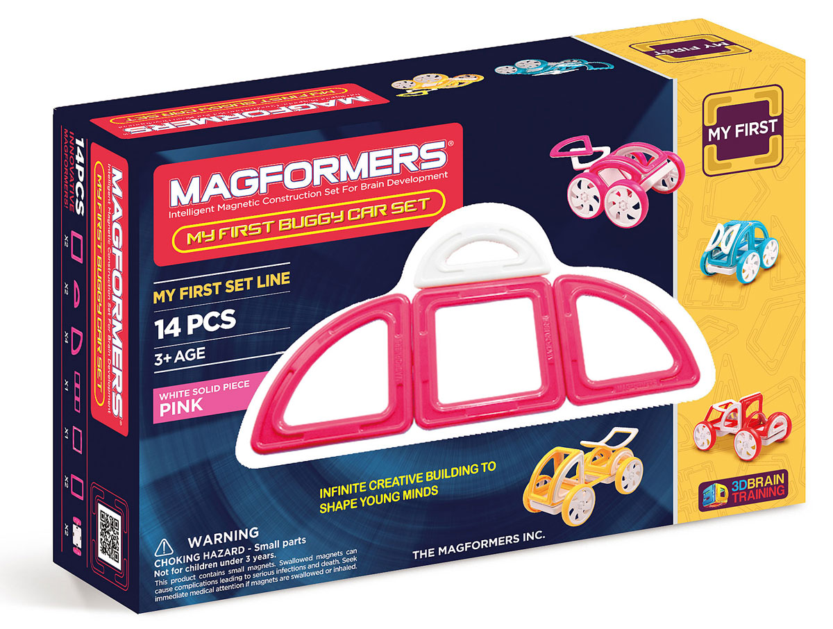 Magformers Магнитный конструктор My First Buggy цвет розовый63147 Magformers Магнитный конструктор My First Buggy цвет розовый63147Набор Magformers My First Buggy Car Set из серии Мой Первый Магформерс отлично подойдет для начала знакомства с развивающим конструктором! Он включает в себя великолепно иллюстрированные карточки, которые познакомят Вас с принципами конструирования из Магформерс и покажут, как собрать разнообразные машинки Багги — для передвижения по песчаным прибрежным дюнам, для гонок по бездорожью или по пересеченной местности. Детали выполнены в ярких тонах: желтый, голубой, красный и розовый с одной стороны и белый цвет с другой стороны. Необычные приключения ждут с новым набором Magformers My First Buggy Car Set.