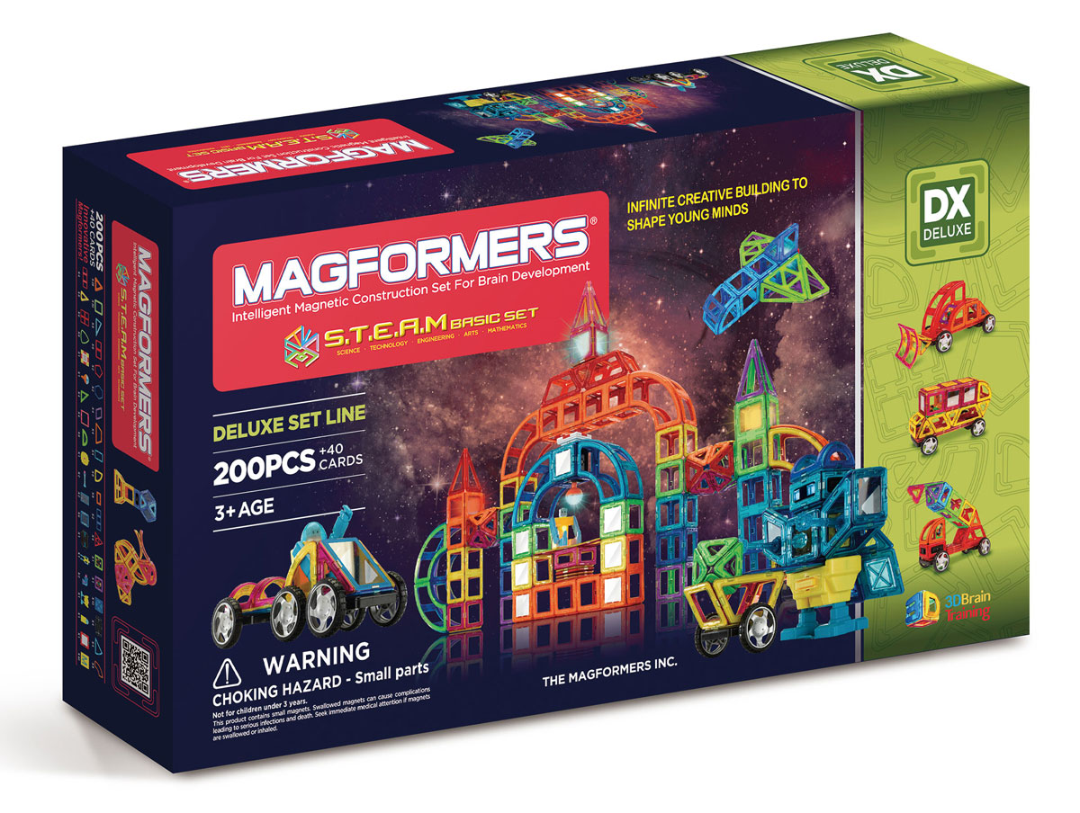 Magformers Магнитный конструктор S.T.E.A.M. Basic60507 Magformers Магнитный конструктор S.T.E.A.M. Basic60507Наборы Steam Basic Set и Steam Master Set — долгожданное развитие линейки больших наборов Магформерс. Эти конструкторы включают в себя огромное количество разнообразных геометрических форм и аксессуаров, как давно полюбившихся, так и совершенно новых. Среди новых магнитных элементов отдельного внимание заслуживают объемные формы — часть сферы, часть конуса, арка и суперарка с ними ваши фантазии воплотятся в самые невероятные и неповторимые постройки. А новые двигатели, светодиоды, элементы вращения, колеса и даже платформа для создания робота приведут весь ваш мир Магформерс в движение. Обращаем ваше внимание, что наборы Магформерс предназначены для детей старше 3-х лет. Дети меньшего возраста тоже с удовольствием играют в Магформерс, но только вместе с родителями!