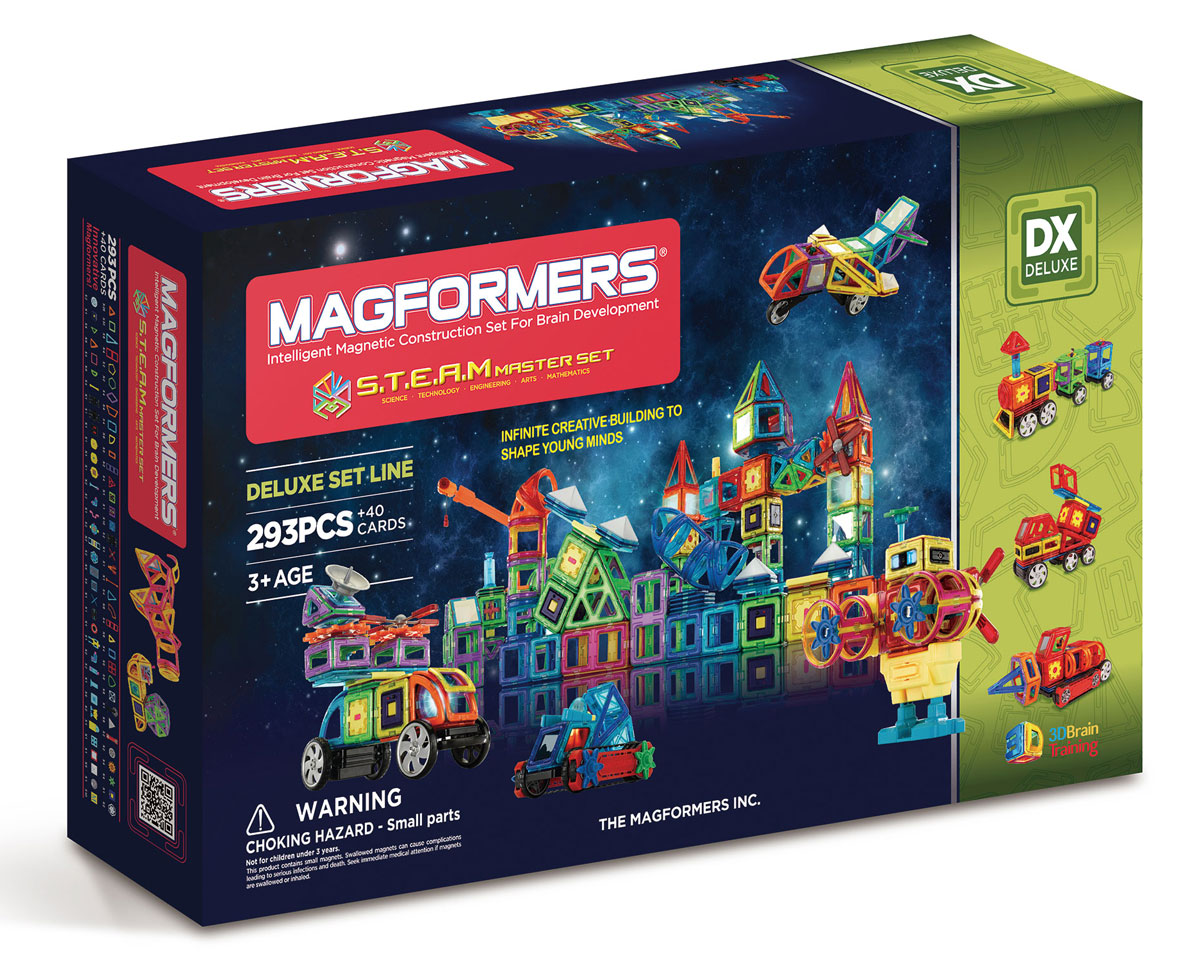 Magformers Магнитный конструктор S.T.E.A.M. Master60506 Magformers Магнитный конструктор S.T.E.A.M. Master60506Наборы Steam Basic Set и Steam Master Set — долгожданное развитие линейки больших наборов Магформерс. Эти конструкторы включают в себя огромное количество разнообразных геометрических форм и акссесуаров, как давно полюбившихся, так и совершенно новых. Среди новых магнитных элементов отдельного внимание заслуживают объемные формы — часть сферы, часть конуса, арка и суперарка с ними ваши фантазии воплотятся в самые невероятные и неповторимые постройки. А новые двигатели, светодиоды, элементы вращения, колеса и даже платформа для создания робота приведут весь ваш мир Магформерс в движение. Steam Basic Set содержит 200 различных элементов, Steam Master Set 293 элемента и богат эксклюзивными аксессуарами.