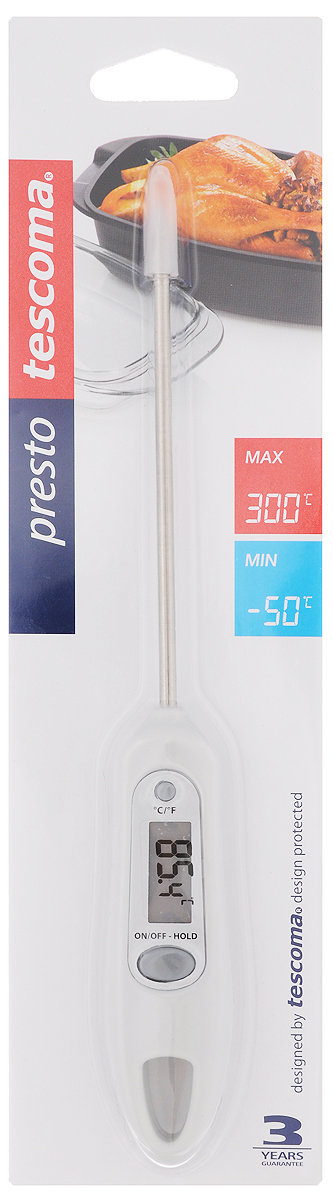Термометр цифровой Tescoma Presto, цвет: белый420910_белый Термометр цифровой Tescoma Presto, цвет: белый420910_белыйЦифровой термометр Tescoma Presto изготовлен из высококачественной нержавеющей стали и пластика, снабжен ЖК-монитором и защитным покрытием для датчика. Прибор быстро и точно измеряет внутреннюю температуру пищи, напитков, соусов в градусах Цельсия °С и по Фаренгейту °F. Устойчив к пару и влаге. Не пригоден для мытья в посудомоечной машине. В комплект входят батарейки.