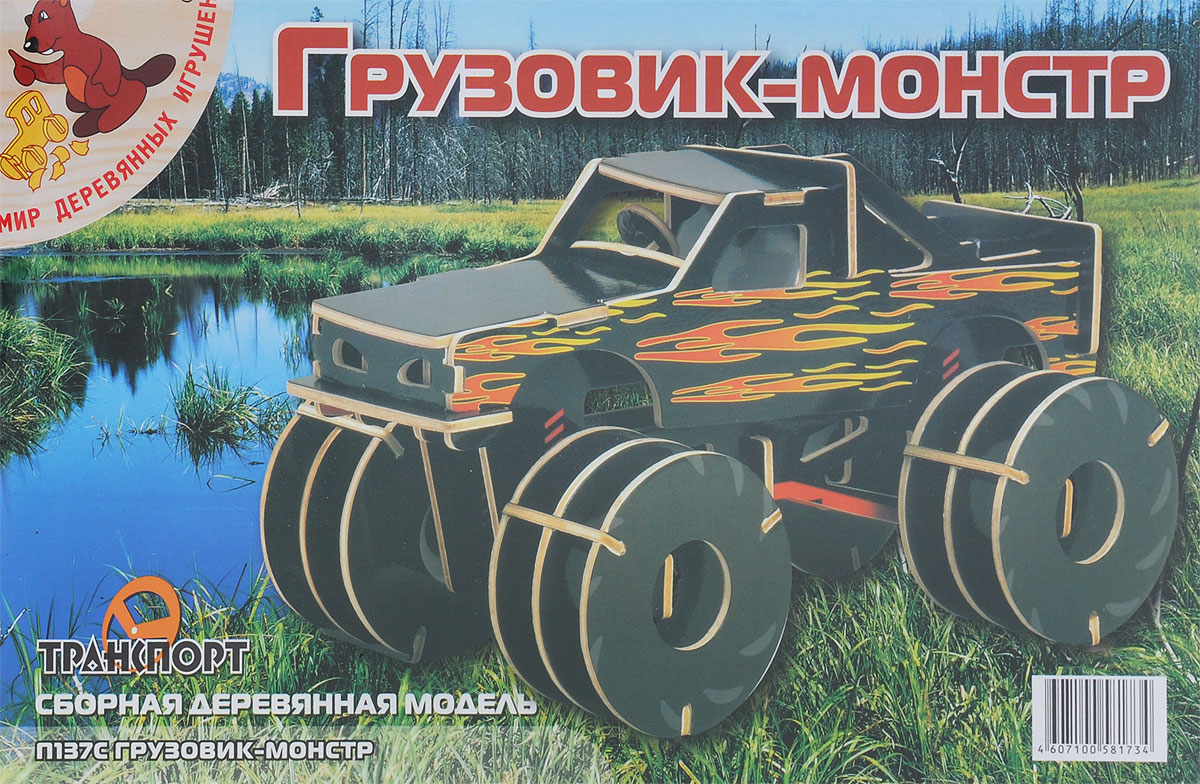 Мир деревянных игрушек Деревянная модель Грузовик-монстрП137с Мир деревянных игрушек Деревянная модель Грузовик-монстрП137сДеревянная модель Игрушки из дерева Грузовик-монстр выполнена из экологически чистой древесины, не содержит формальдегид. Детали модели выдавливаются из фанерной доски и собираются согласно инструкции. Лучше всего проклеивать места соединения клеем сразу при сборке, так собранная вами модель будет дольше радовать вас. После можно покрыть лаком. При сборке модели развивается моторика рук, усидчивость, внимательность, пространственное и абстрактное мышления.