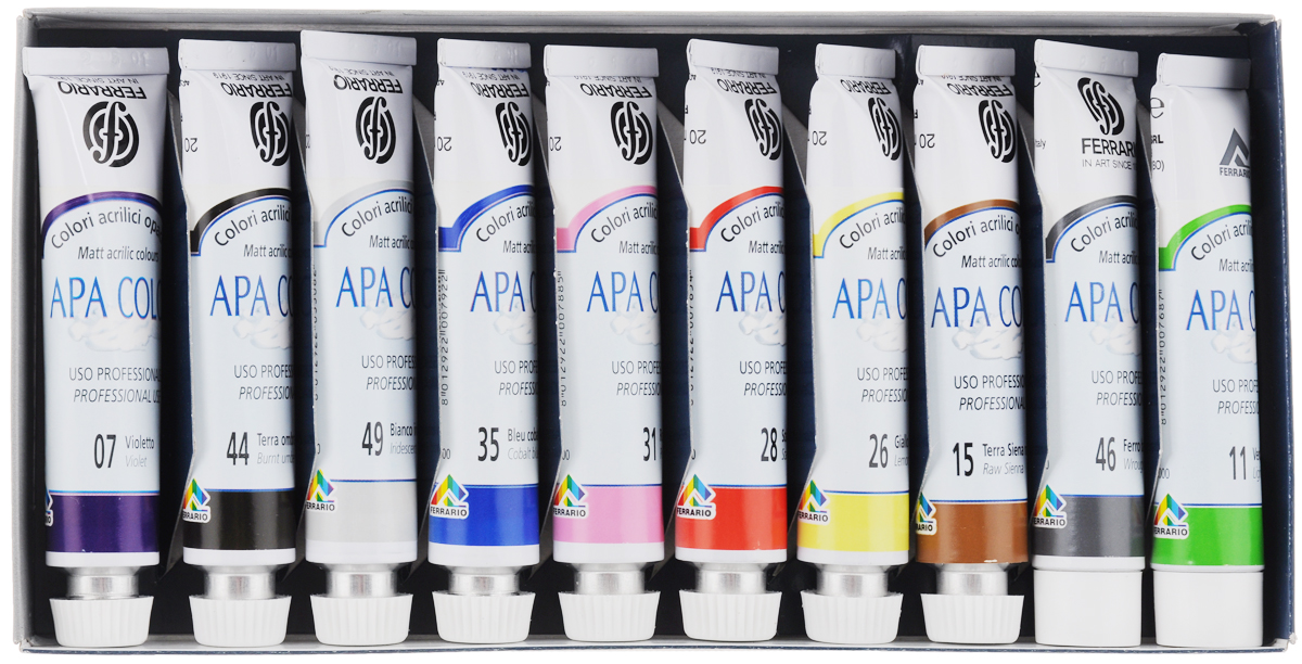 Набор акриловых красок Ferrario Apa Color, 20 мл, 10 штAAC0020CO Набор акриловых красок Ferrario Apa Color, 20 мл, 10 штAAC0020COНабор Ferrario Apa Color состоит из 10 металлических тюбиков акриловой краски на водной основе разных цветов. Рекомендуемые основы: холст, бумага, картон, дерево. Количество цветов: 10. Объем одного тюбика: 20 мл.