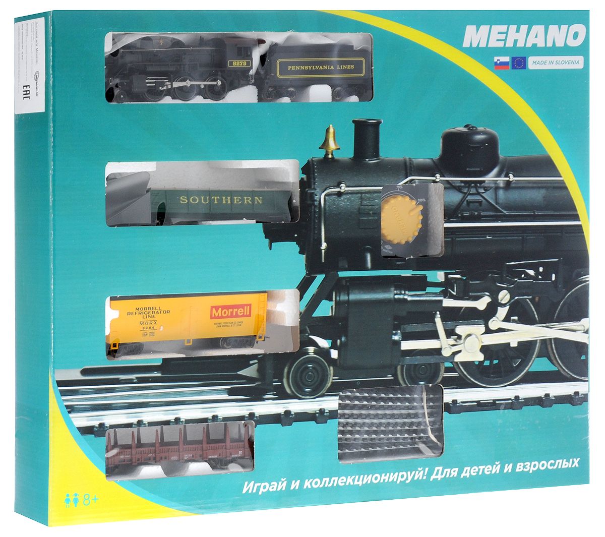 Mehano Железная дорога Hobby Mogul с паровозом Pennsylvania Lines 8279PR02-002 Mehano Железная дорога Hobby Mogul с паровозом Pennsylvania Lines 8279PR02-002Железная дорога Mehano - миниатюрная копия грузового состава. Мельчайшие детали паровозов, тепловозов и грузовых вагонов, каждая рельефная линия экстерьера тщательно проработаны, благодаря чему состав выглядит более чем реально. Можно вообразить, как этот состав загрузили где-то на миниатюрном перевалочном пункте, а затем он аккуратно вез свой груз по длинным разветвленным путям… Воплотить воображаемое в действительность очень легко: при желании железнодорожное полотно можно увеличить и добавить элементы ландшафта, ведь все элементы железных дорог Mehano совместимы друг с другом. При желании, можно докупить стрелку, перекресток и состав может двигаться на другие участки железной дороги. Рельсы металлические, колеса паровозов и вагонов выполнены из металла. Все элементы комплекта совместимы с другими сборными моделями железной дороги Mehano, так что юный машинист сможет прокладывать различные маршруты, строить новые станции и придумывать неповторимый, свой собственный...