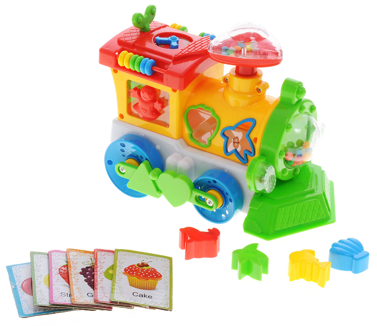 Plastic Toy Развивающая игрушка Музыкальный паровозик цвет желтыйB1002796R_желтый Plastic Toy Развивающая игрушка Музыкальный паровозик цвет желтыйB1002796R_желтыйНа этапе развития для малышей крайне важны игрушки, нацеленные на изучение интонации, формы и цвета. Также будет хорошо, если игры будут сопровождаться музыкальными звуками. Для этого очень хорошо подойдет такая развивающая игрушка, как музыкальный паровозик Plastic Toy. Эта игрушка предназначена для малышей с трехлетнего возраста и непременно вызовет огромный интерес у каждого малыша. Музыкальный паровозик - это очень яркая и привлекательная игрушка, которая позволяет малышу развивать мелкую моторику, звуковое и тактильное восприятие, она также будет побуждать малыша к активным действиям. С этой игрушкой малыш начинает познавать окружающий мир. Паровозик имеет световые и звуковые эффекты. В комплект входят обучающие карточки для изучения английского языка. Необходимо купить 3 батарейки типа АА (не входят в комплект).