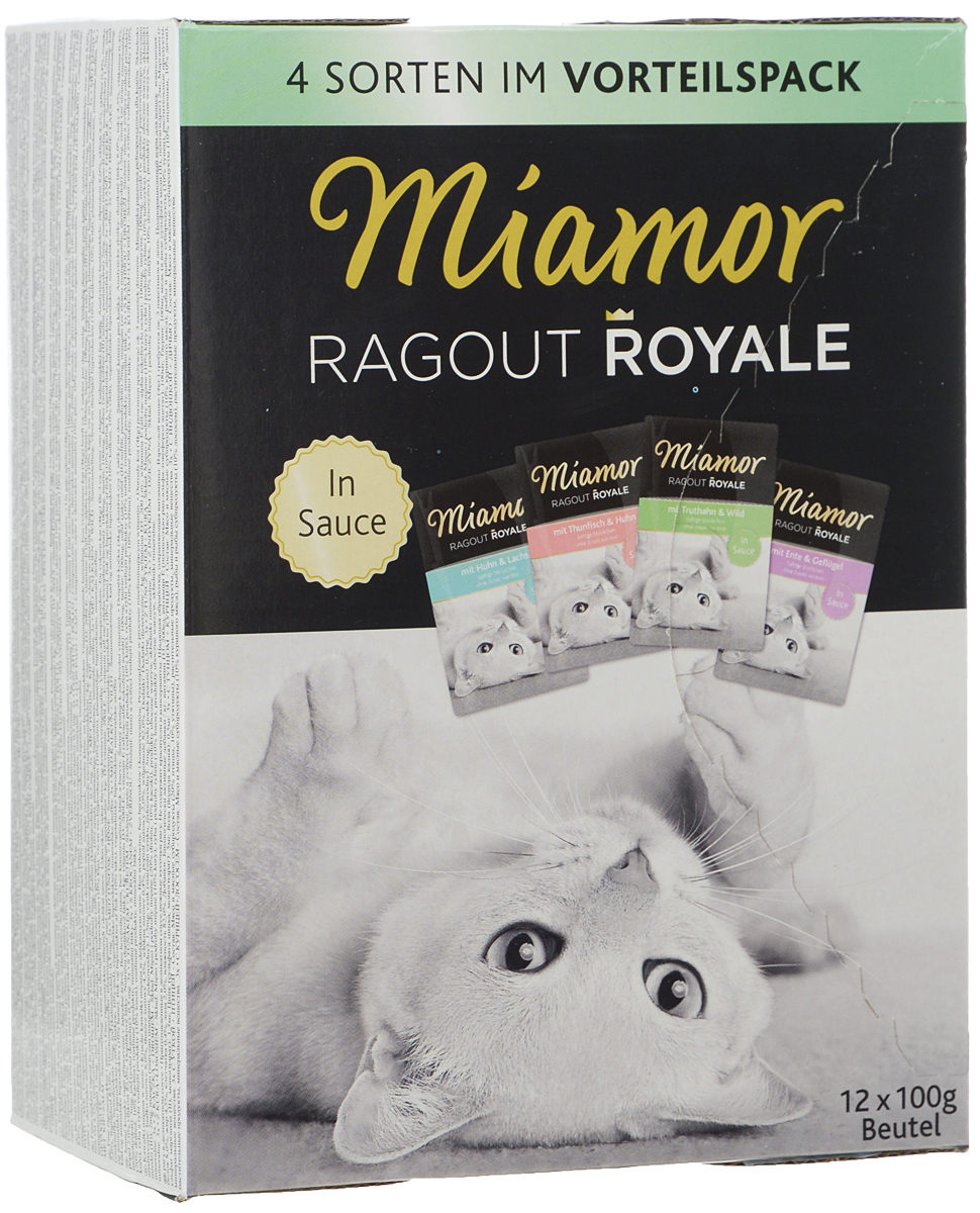 Консервы для кошек Miamor Рагу в деликатном соусе, 4 вида, 12 х 100 г74070 Консервы для кошек Miamor Рагу в деликатном соусе, 4 вида, 12 х 100 г74070Консервы для кошек Miamor Рагу в деликатном соусе - полнорационный корм для взрослых кошек. Приготовленные в деликатном соусе кусочки рагу обязательно понравятся вашей кошке. Корм не содержит красителей и консервантов. Щадящая обработка позволяет сохранить все витамины. Взрослой кошке (4 кг) требуется около 3 пакетиков в день. Консервы включают 4 вида вкусов: тунец с курицей, утка с птицей, индюшка с дичью, курица с лососем. Композиция: белок 8%, жир 4,5%, клетчатка 0,4%, зола 2%, влажность 82%. Добавки на кг: витамин D3 200 ME, витамин Е 100 мг, таурин 100 мг, медь 2 мг, марганец 1,5 мг, цинк 5 мг, йод 0,5 мг. Состав (тунец + курица): мясо и мясные субпродукты (10% куриного мяса), рыба и рыбные субпродукты (10% тунец), растительные продукты, минеральные вещества. Состав (утка + птица): мясо и мясные субпродукты (20% птицы, 10% утятины), растительные продукты, минеральные вещества. Состав (индюшка + дичь): мясо и мясные...