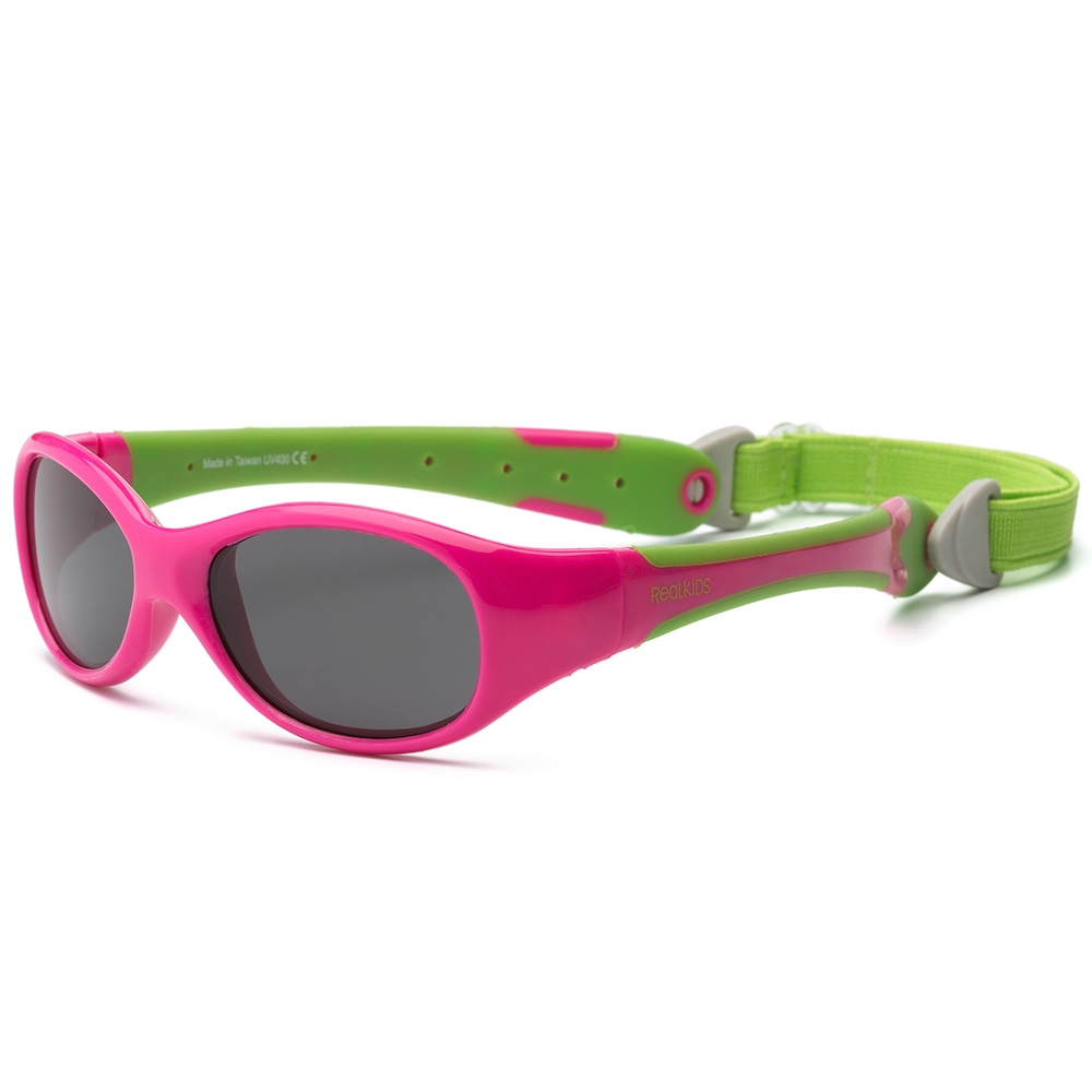 Real Kids Shades Очки солнцезащитные детские от 0 месяцев цвет розовый салатовый0EXPCPLM Real Kids Shades Очки солнцезащитные детские от 0 месяцев цвет розовый салатовый0EXPCPLMБезопасные солнцезащитные очки для детей с рождения Real Kids Shades 0+ 100% защита детских глаз от ультрафиолетовых лучей (UVA и UVB). Гибкая оправа Flex FitТМ, с дужками обтекаемой формы снижает до минимума риск повреждений детских глаз при одевании. Очки не сломаются, если ребенок случайно сядет на них, или потянет дужки в разные стороны Форма очков минимизирует воздействие периферийного света. Ударопрочные, травмобезопасные поликарбонатные линзы. Регулируемый, эластичный, съемный ремешок в комплекте. Очки хорошо держатся и не создают неудобств ребенку. Дети в очках Реал Кидс могут даже спать. Созданы с учетом подвижного образа жизни ребенка, Отдельное внимание уделено тому, чтобы очки хорошо сидели. Малыши могут кататься на качелях, висеть вверх ногами, плавать и играть без боязни того, что очки слетят в самый неподходящий момент. Безопасность: не содержат свинец, бисфенол-А, фталаты. Соответствуют всем международным нормам безопасности EC, Австралии, Америки, России.