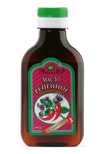 Репейное масло с красным перцем 100мл4650001790309 Репейное масло с красным перцем 100мл4650001790309Репейное масло – издавна почиталось на Руси, как надежное средство от выпадения волос и облысения. Масло содержит природный инулин, богатый комплекс витаминов, протеин, жирные кислоты, дубильные вещества и минеральные соли. Перец красный (жгучий) усиливает микроциркуляцию крови, способствуя быстрой доставке полезных компонентов репейника непосредственно к волосяным луковицам. - Усиливает кровообращение вокруг волосяных луковиц; - укрепляет корни волос; - стимулирует рост волос; - насыщает корни волос витаминами; - останавливает выпадение волос.
