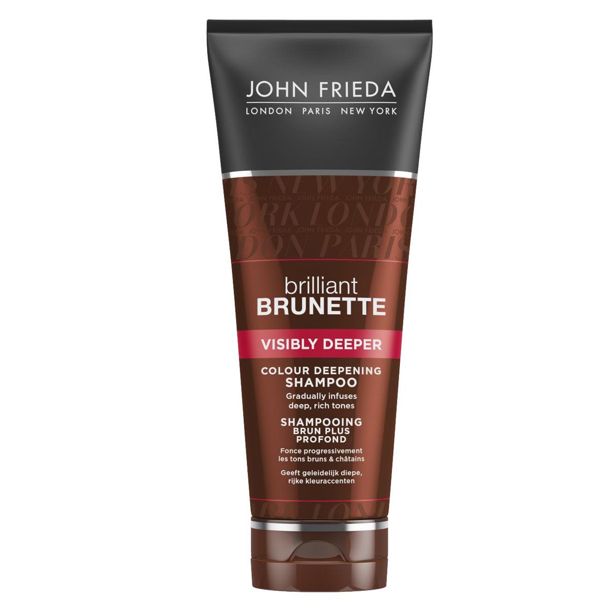 John Frieda Шампунь для создания насыщенного оттенка темных волос Brilliant Brunette VISIBLY DEEPER 250 млjf312110 John Frieda Шампунь для создания насыщенного оттенка темных волос Brilliant Brunette VISIBLY DEEPER 250 млjf312110Постепенно придает глубокий и насыщенный оттенок. Создает более глубокий, насыщенный и сияющий оттенок волосам после применения. Формула шампуня для создания глубокого цвета темных волос с какао и маслом вечерней примулы очищает и наполняет волосы глубоким темным оттенком.