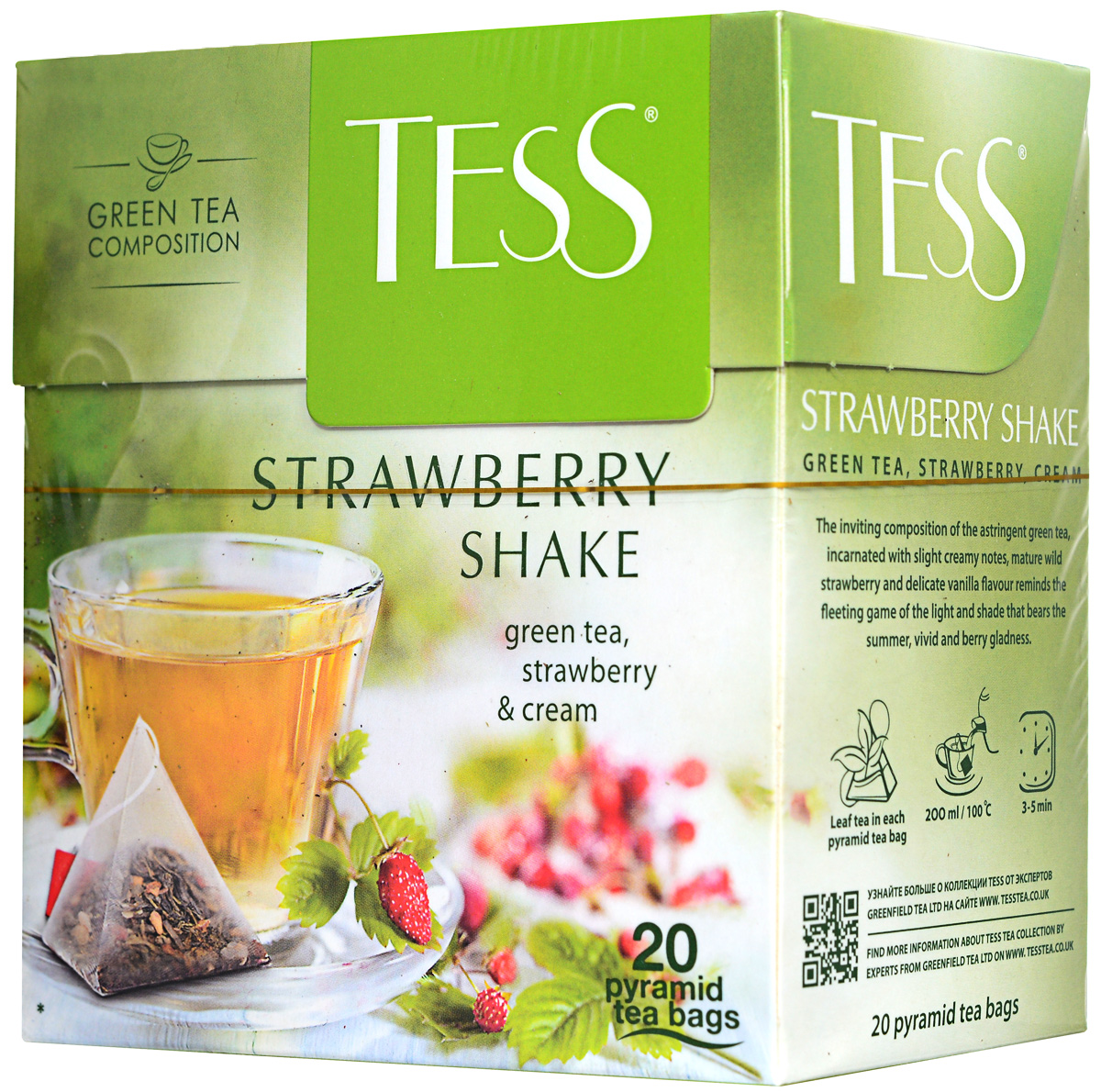 Tess Strawberry Shake зеленый чай в пирамидках, 20 шт0884-12 Tess Strawberry Shake зеленый чай в пирамидках, 20 шт0884-12Заманчивое сочетание спелой земляники и терпкого зеленого чая в пакетиках Tess Strawberry Shake, в котором слышны тонкие сливочные ноты - как мимолетная игра света и тени, из которой рождается летняя, праздничная, яркая земляничная радость.