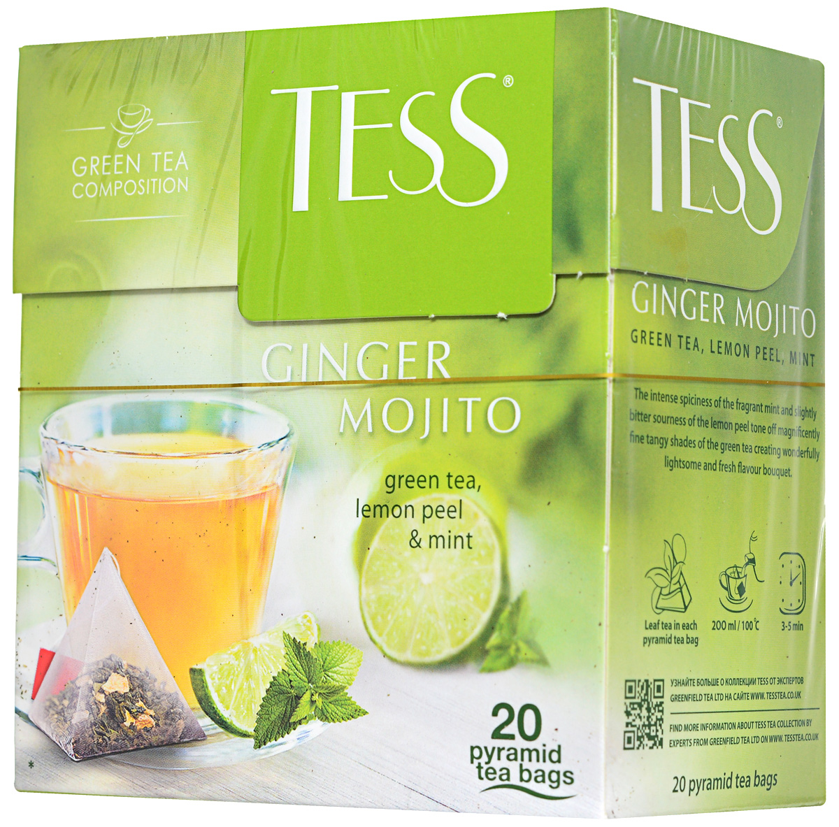 Tess Ginger Mojito зеленый чай в пирамидках с цедрой лимона и мятой, 20 шт0788-12 Tess Ginger Mojito зеленый чай в пирамидках с цедрой лимона и мятой, 20 шт0788-12Насыщенная пряность душистой мяты и горьковатая кислинка лимонной цедры в Tess Ginger Mojito великолепно оттеняют тонкие терпкие ноты зеленого чая, создавая удивительно легкий и свежий вкусовой букет.