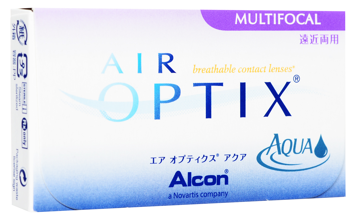 Alcon-CIBA Vision контактные линзы Air Optix Aqua Multifocal (3шт / 8.6 / 14.2 / -2.75 / Low)30967 Alcon-CIBA Vision контактные линзы Air Optix Aqua Multifocal (3шт / 8.6 / 14.2 / -2.75 / Low)30967Контактные линзы Air Optix Aqua Multifocal предназначены для коррекции возрастной дальнозоркости. Если для работы вблизи или просто для чтения вам необходимо использовать очки, то эти линзы помогут вам избавиться от них. В линзах Air Optix Aqua Multifocal вы будете одинаково четко видеть как предметы, расположенные вблизи, так и удаленные предметы. Линзы изготовлены из силикон-гидрогелевого материала лотрафилкон Б, который пропускает в 5 раз больше кислорода по сравнению с обычными гидрогелевыми линзами. Они настолько комфортны и безопасны в ношении, что вы можете не снимать их до 6 суток. Но даже если вы не собираетесь окончательно сменить очки на линзы, мы рекомендуем вам иметь хотя бы одну пару таких линз для экстремальных ситуаций, например для занятий спортом. Контактные линзы Air Optix Aqua Multifocal имеют три степени аддидации: Low (низкую) до +1.00; Medium (среднюю) от +1.25 до +2.00 и High (высокую) свыше +2.00.