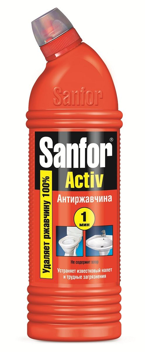 Средство для чистки и дезинфекции Sanfor Activ Антиржавчина, 750 мл4602984002498 Средство для чистки и дезинфекции Sanfor Activ Антиржавчина, 750 мл4602984002498Средство санитарно-гигиеническое Sanfor active антиржавчина. Интенсивный очиститель ржавчины и самых трудных загрязнений с антимикробным действием. Быстро растворяет водный и мочевой камень, препятствует его образованию в унитазах. Для достижения результата достаточно 1 мин. Благодаря загущенной формуле равномерно распределяется и не стекает с наклонных поверхностей. Обеспечивает свежий запах. Убивает микробы за 1 минуту. Не содержит хлор, при этом специальная формула гарантирует хорошие чистящие и дезинфицирующие свойства. Обладает антимикробными* свойствами. Способ применения: Унитазы, душ, краны – нанести средство, при необходимости выдержать 5-10 мин, почистить с помощью щётки и смыть водой. Фаянсовые раковины, плитка – обработать средством загрязнённые поверхности с помощью щётки и через 1 минуту тщательно смыть водой. Состав: ? 15 %, но < 30 %: смесь кислот, в том числе щавелевая кислота, ...