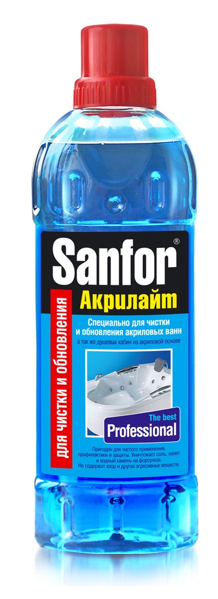 Гель для чистки акриловых ванн Sanfor Акрилайт, 920 мл4602984004898 Гель для чистки акриловых ванн Sanfor Акрилайт, 920 мл4602984004898Чистящее средство из серии PROFESSIONAL разработано НИИ бытовой химии специально для основательной чистки, обеззараживания и обновления акриловых ванн, душевых кабин, а также профилактики и очистки систем джакузи. Применим для эмалированных ванн, раковин, унитазов, керамики. Удаляет стойкие и застарелые загрязнения, мыльный налет, известковые отложения и водный камень. Создает пленку, которая защищает поверхность от быстрого загрязнения, облегчает последующий уход, продлевает срок службы и придает блеск на долгое время.