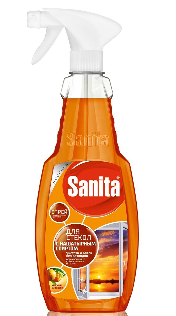 Чистящее средство для стекол Sanita, с нашатырным спиртом, 500 мл4602984005758 Чистящее средство для стекол Sanita, с нашатырным спиртом, 500 мл4602984005758Средство чистящее универсальное Sanita спрей для стёкол. С нашатырным спиртом. Предназначено для мытья оконных и витринных стекол, зеркал, декоративных хрусталя, фарфора и фаянса, кафеля, панелей бытовых электроприборов, наружных поверхностей холодильников. Способ применения: Распылить средство с расстояния 10-15 см на загрязненную поверхность. Протереть насухо мягкой неворсистой тканью. Избегать попадания на полированные и лакированные поверхности. Состав: ? 5 %, но < 15 % растворители, в том числе спирт изопропиловый; < 5 %: АПАВ и НПАВ, < 5 %: силикон, аммоний углекислый, краситель, ароматизирующая добавка.