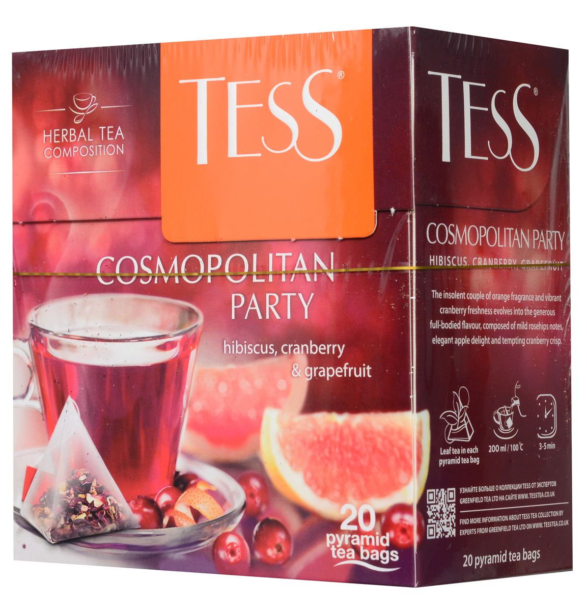 Tess Cosmopolitan Party травяной чай в пирамидках, 20 шт1008-12 Tess Cosmopolitan Party травяной чай в пирамидках, 20 шт1008-12Дерзкое сочетание апельсинового аромата и яркой свежести клюквы находит продолжение в щедром насыщенном вкусе травяного чая Tess Cosmopolitan Party, сложенном из мягких нот шиповника, тонкой яблочной сладости и заманчивой кислинки гибискуса