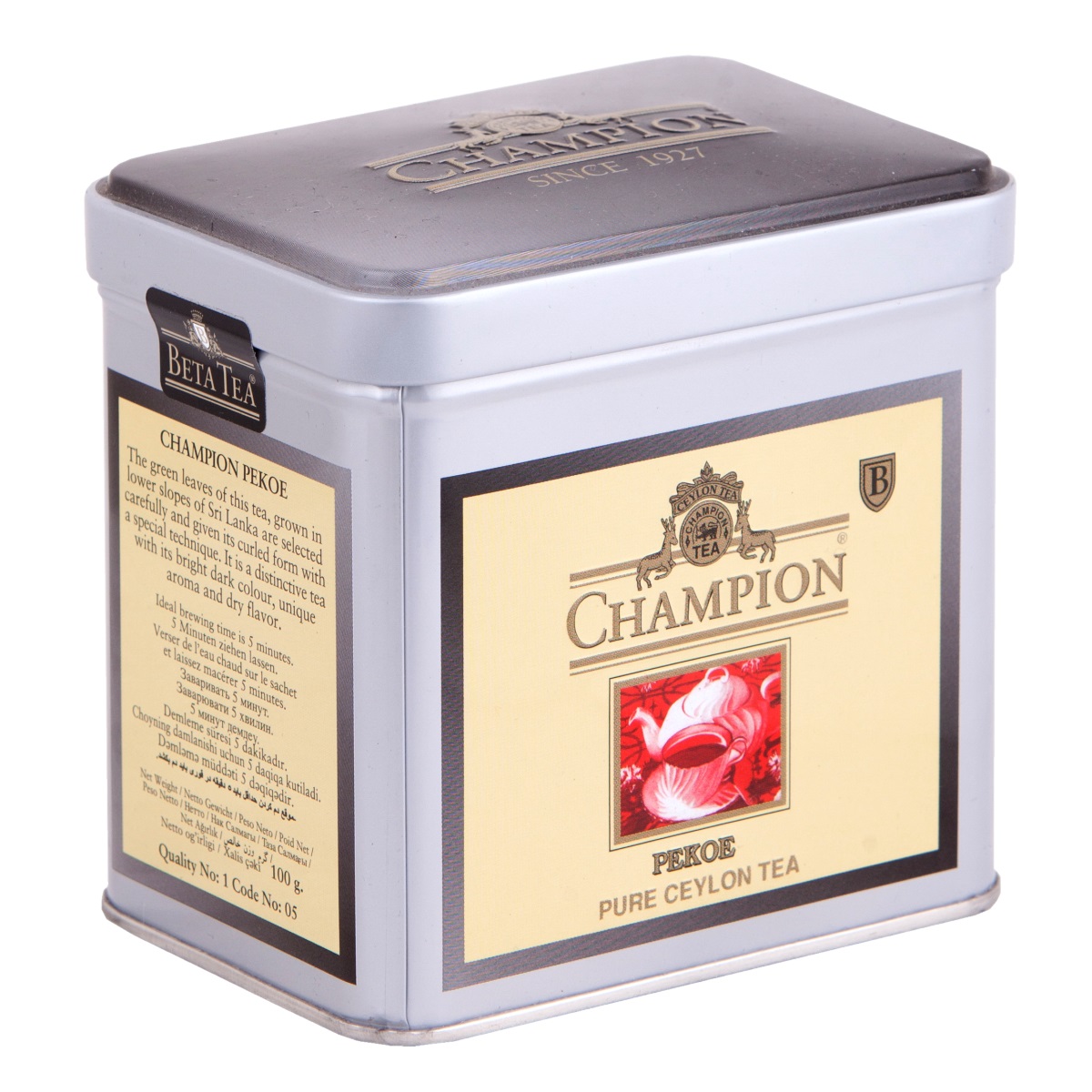 Champion Пеко черный листовой чай, 100 г (металлическая банка)8690717005270 Champion Пеко черный листовой чай, 100 г (металлическая банка)8690717005270Чай Champion Пеко с богатым вкусом, прозрачным и золотистым цветом дает возможность любителям чая оценить настоящий вкус напитка. Чай этого сорта выращивается на плантациях Шри-Ланки. При его создании используется особая технология скручивания чайных листочков. Сочный насыщенный цвет, богатый аромат и терпкость - его отличительные характеристики.