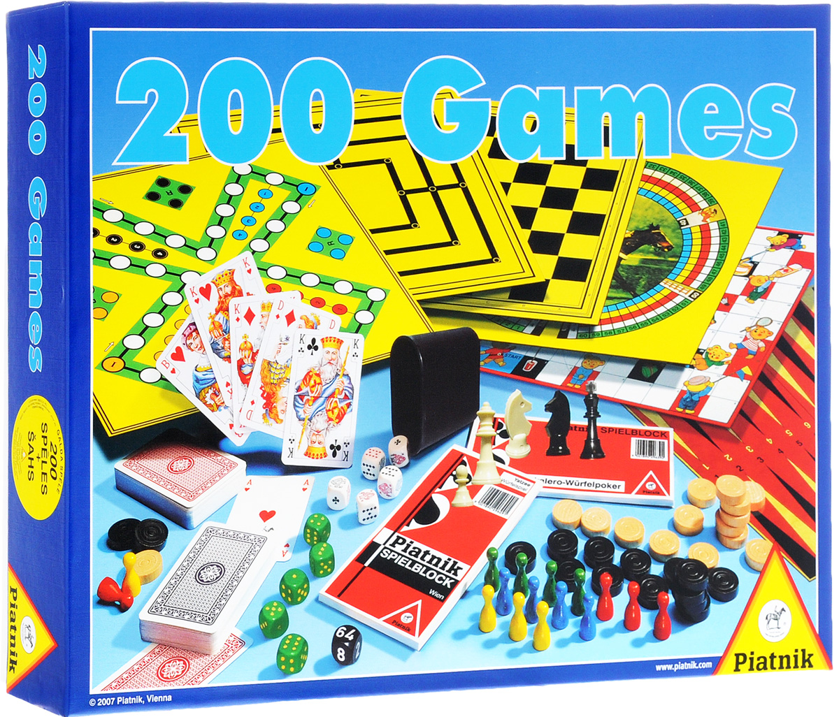 Piatnik Набор настольных игр 200 игр780233 Piatnik Набор настольных игр 200 игр780233Набор настольных игр Piatnik 200 игр включает в себя все необходимое для 200 различных игр, в том числе шахматы! Этот набор великолепно подходит для любителей путешествовать в компании друзей. В предлагаемые игры смогут играть и взрослые, и дети, набор настольных игр отлично подходит для семейного досуга. Вы будете каждый вечер собираться со своими родными и близкими за большим круглым столом и весело и интересно проводить время, играя в одну из множества представленных игр. Игры помогут развить логику и мышление. В комплект входит 16 фишек, 15 белых шашек, 15 черных шашек, 32 шахматные фигуры, 5 кубиков, 1 двойной кубик, 3 игровых поля, 2 колоды игральных карт, стаканчик для игры с кубиками, карточки для записи Eskalero, Yatze, инструкция на русском языке, содержащая правила 200 игр.