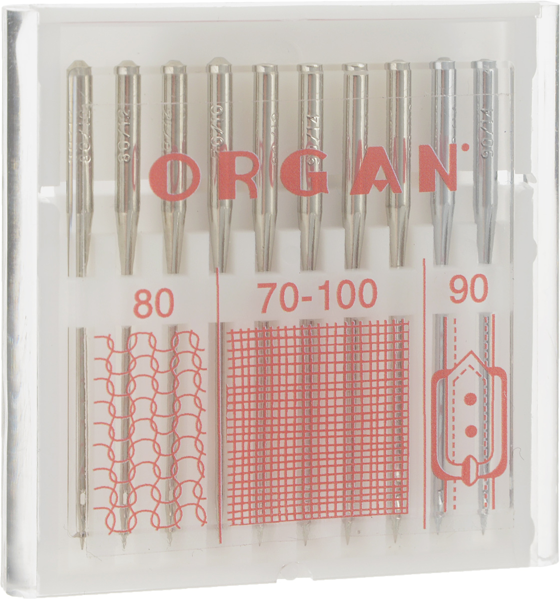Набор игл для швейных машин Organ Combi, №80, 70-100, 90, 10 шт162356 Набор игл для швейных машин Organ Combi, №80, 70-100, 90, 10 шт162356Набор Organ Combi состоит из универсальных игл, игл для джинсы и стрейч. Предназначены для использования на бытовых машинах, скорость шитья которых до 1000 ст/мин. Изделия выполнены из высококачественной стальной нелегированной проволоки. Размер игл: №80; №70-100; №90.