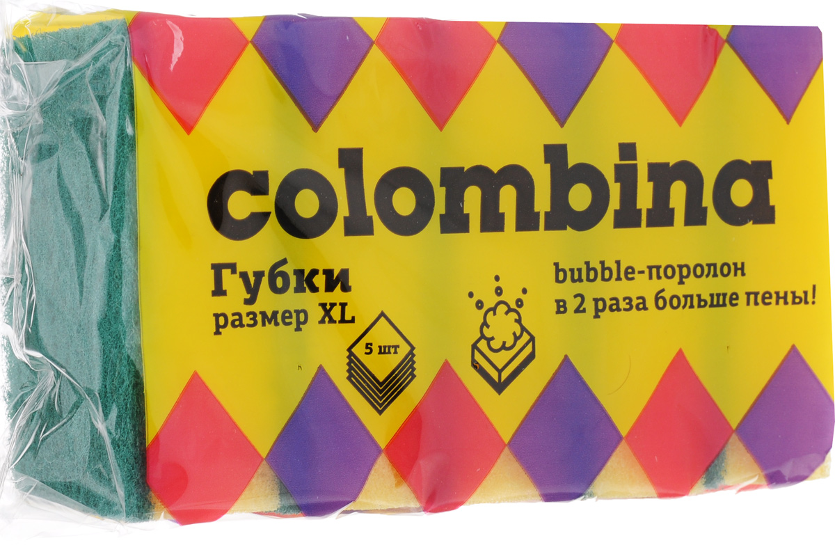 Губка для мытья посуды Colombina, 5 штК1.2 Губка для мытья посуды Colombina, 5 штК1.2Губки Colombina предназначены для мытья посуды и других поверхностей. Изделия выполнены из особого Buble-поролона, который образует густую пену. Мягкий слой используется для деликатной чистки. Жесткий абразивный слой предназначен для удаления сильных загрязнений. В комплекте 5 губок.