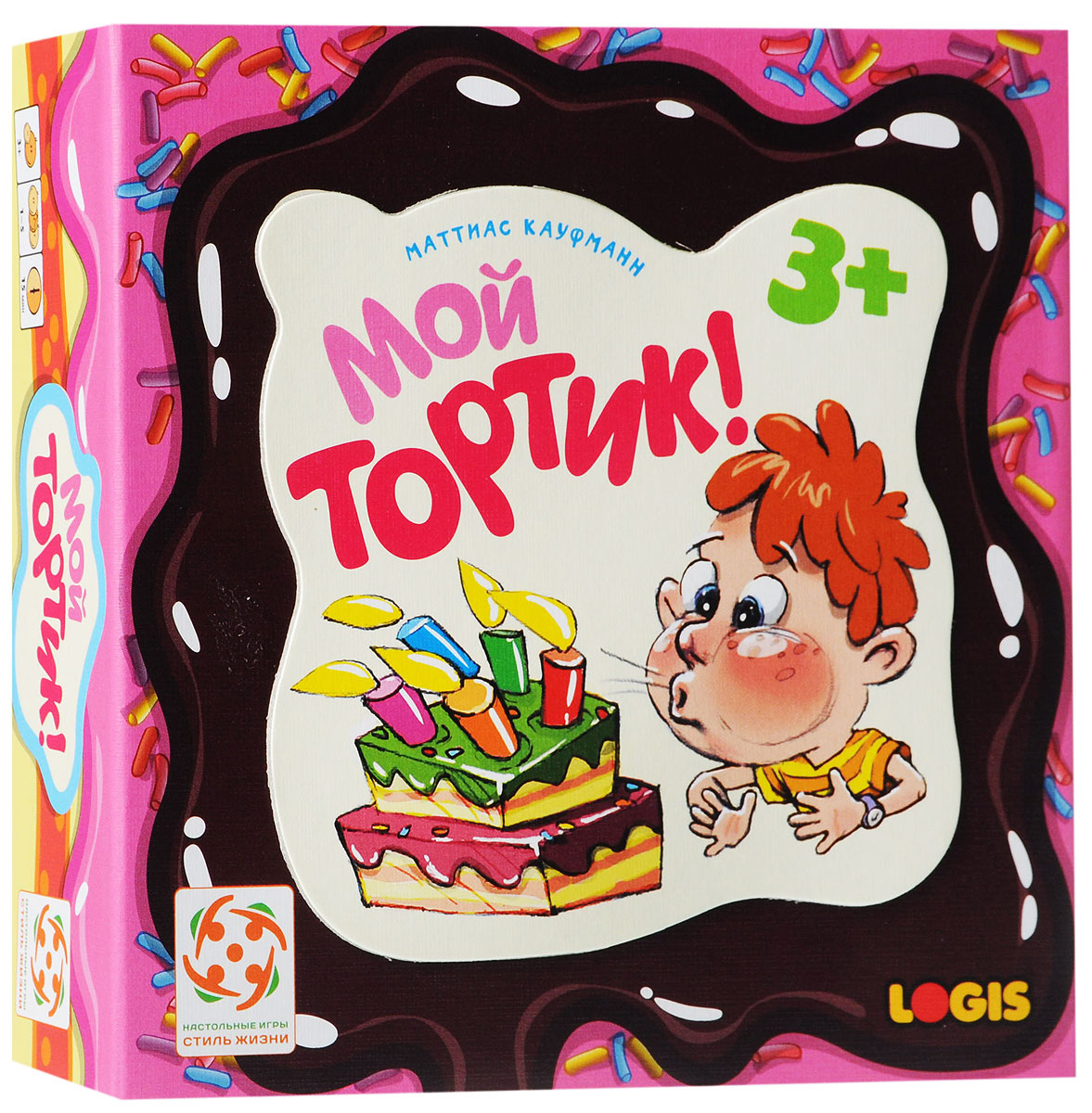 Logis Настольная игра Мой тортик4650000320927 Logis Настольная игра Мой тортик4650000320927Дети любят разыгрывать ситуации из повседневной жизни, но больше всего они любят праздники! В настольной игре Logis Мой тортик в центре внимания будет красивый торт ко дню рождения, а в конце игры все участники споют поздравительную песенку победителю. После этого все дети вместе задувают свечи на торте (и, конечно, загадывают желания!). Состав игры: 1 тортик (коробка), 5 свечек, состоящих из 3 элементов (свечка из двух частей и пламя), 1 цветной кубик, правила игры на русском языке.