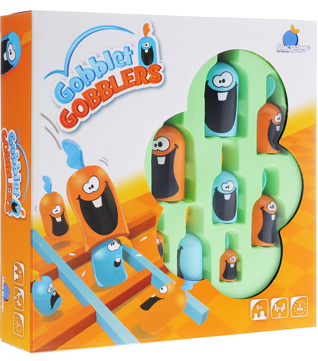 Blue Orange Настольная игра Gobblet Gobblers092015 Blue Orange Настольная игра Gobblet Gobblers092015Забавные синие и рыжие индюшки решили устроить состязание: кто быстрее выстроит в ряд по диагонали, горизонтали или вертикали три фигурки одного цвета, тот и победил. Все бы хорошо, но индюшата постоянно меняют цвет. Как тут победить? Правила настольной игры Blue Orange Gobblet Gobblers очень похожи на всем известные крестики-нолики, с той разницей, что участники могут накрывать фигурки соперника своими собственными. Накрытая таким образом фигурка превращается в вашу собственную фишку. Выигрывает тот, кому удалось первым выстроить ряд из трех фигурок своего цвета. Игра рассчитана на двух игроков от пяти лет. Продолжительность игры - 5 минут.