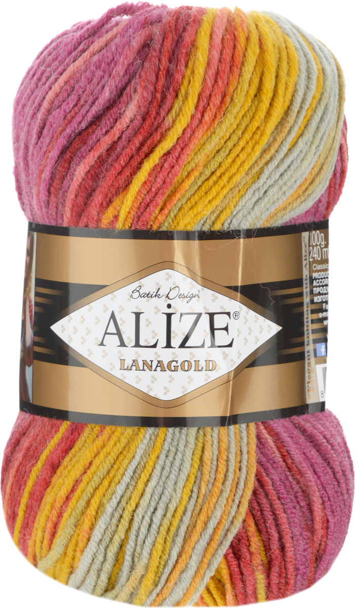 Пряжа для вязания Alize Lanagold Batik Design, цвет: сиреневый, розовый, серый (5673), 240 м, 100 г, 5 шт364096_5673 Пряжа для вязания Alize Lanagold Batik Design, цвет: сиреневый, розовый, серый (5673), 240 м, 100 г, 5 шт364096_5673Полушерстяная пряжа Lanagold Batik Design - настоящая зимняя классика. Изделия из такой пряжи отлично поднимает настроение разнообразием своих красок. Большой выбор вариантов меланжевых расцветок позволяет создавать от веселых детских шапочек до элегантных женских пончо и солидных мужских пуловеров. С пряжей Lanagold Batik Design не требуется вывязывания узоров высокой сложности, так как пряжа эта отлично смотрится в любых косах и даже в простой чулочной вязке. Благодаря секционно окрашенной нити изделия получаются весьма оригинальными, стильными и нарядными. Кроме того, пряжа удобна в работе: средней толщины ниточка плотно скручена, упругая, гладкая, легко ложится и не слоится - с ней даже неопытная рукодельница справится без труда. Рекомендуемый размер спиц: №4-6 мм. Состав: 51% акрил, 49% шерсть.