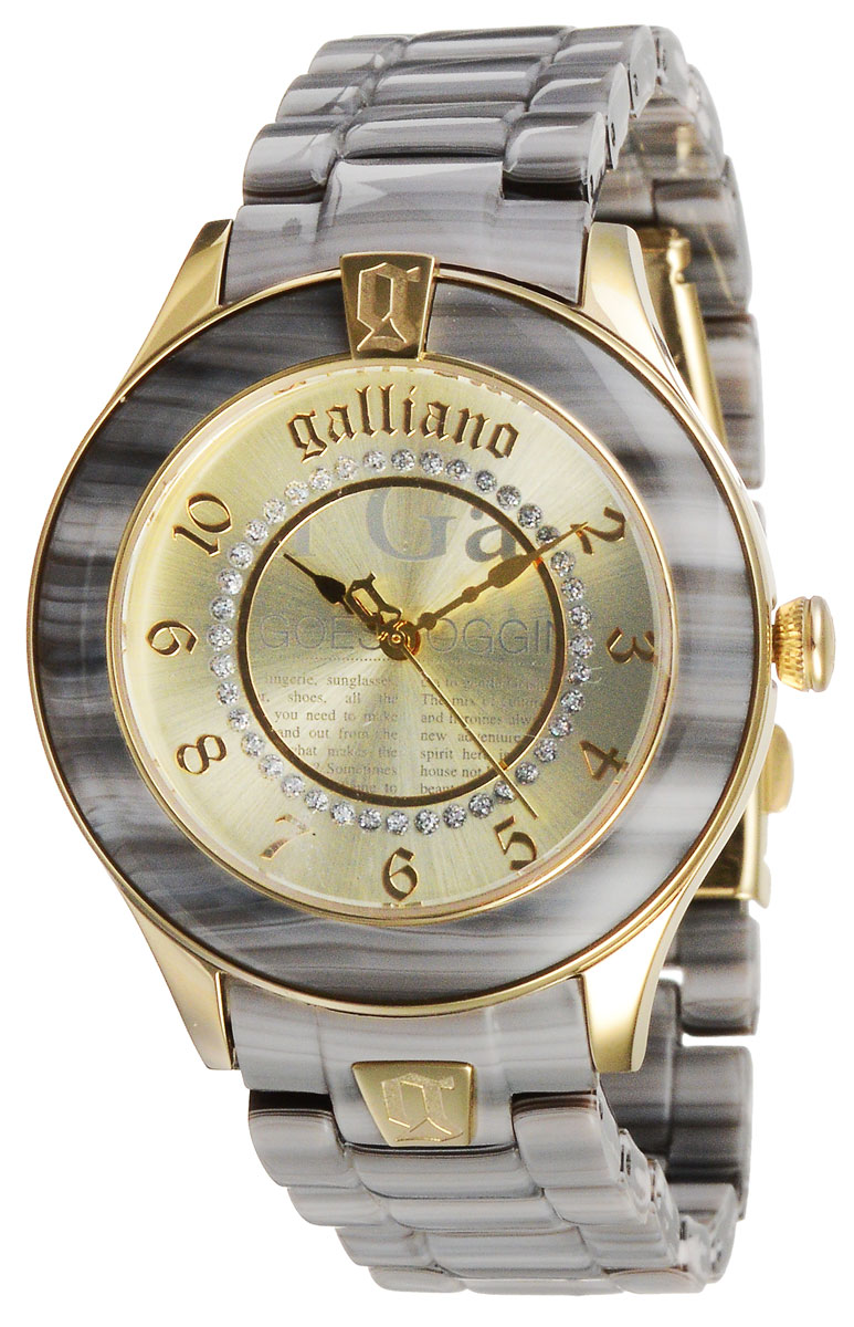 Наручные часы женские Galliano, цвет: серо-бежевый, золотистый. R2553108506R2553108506 Наручные часы женские Galliano, цвет: серо-бежевый, золотистый. R2553108506R2553108506Наручные женские часы Galliano созданы для современных девушек, которые не желают потерять свою индивидуальность в городской суете. Они оснащены точным кварцевым механизмом. Водонепроницаемый корпус выполнен из высококачественной нержавеющей стали, безель - из пластика. Корпус часов защищен минеральным стеклом. Циферблат круглой формы декорирован газетным принтом и украшен блестками, имитирующими стразы. Циферблат оснащен арабскими цифрами и имеет три стрелки - часовую, минутную и секундную. Браслет часов, выполненный из высококачественного пластика, оснащен застежкой клипсой. Изделие укомплектовано в фирменную коробку с названием бренда. Часы Galliano благодаря своему великолепному дизайну и качеству исполнения станут главным акцентом вашего образа.