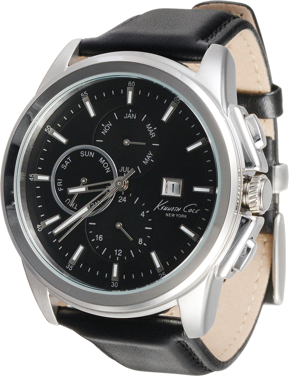 Часы мужские наручные Kenneth Cole, цвет: черный, серебристый. 1002591910025919 Часы мужские наручные Kenneth Cole, цвет: черный, серебристый. 1002591910025919Наручные мужские часы-хронограф Kenneth Cole произведены опытными специалистами из материалов самого высокого качества на базе новейших технологий. Часы оснащены точным кварцевым механизмом. Водонепроницаемый корпус часов изготовлен из нержавеющей стали и защищен минеральным стеклом. Ремешок с классической застежкой выполнен из натуральной кожи. Циферблат круглой формы оснащен отметками, цифрами, а также тремя стрелками - часовой, минутной и секундной. Часы имеют 4 индикатора: часовой, индикатор даты, дня недели, индикатор месяца, часовой формат времени 12/24. Изделие укомплектовано в фирменную коробку с названием бренда.