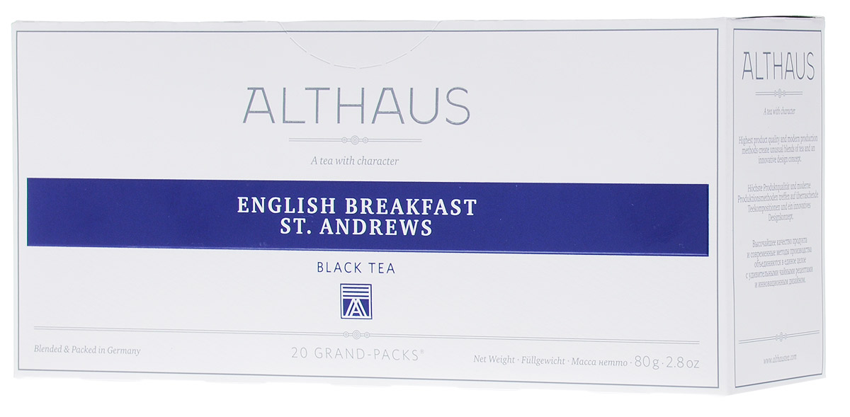 Althaus Grand Pack English Breakfast черный чай в пакетиках, 20 штTALTHB-GP0028 Althaus Grand Pack English Breakfast черный чай в пакетиках, 20 штTALTHB-GP0028Althaus English Breakfast (Инглиш Брэкфаст Сент Эндрюс) — купаж из лучших цейлонский сортов, традиционный чай для завтрака. Инглиш Брэкфаст Сент Эндрюс славится своим крепким насыщенным вкусом и ярким ароматом.