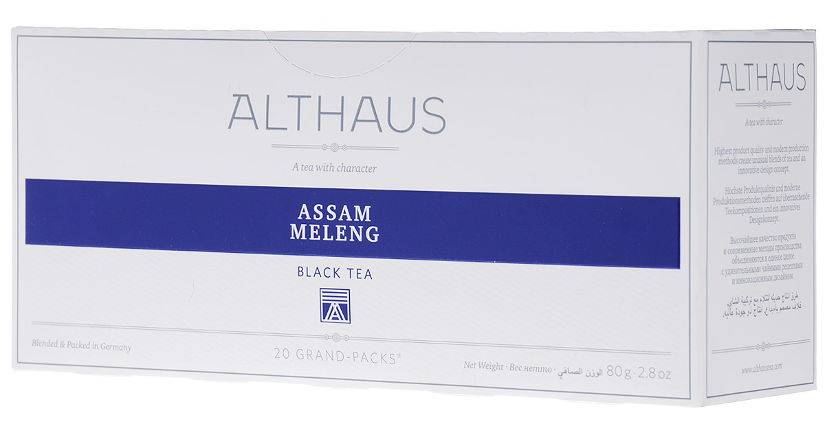 Althaus Grand Pack Assam Meleng черный чай в пакетиках, 20 штTALTHB-GP0029 Althaus Grand Pack Assam Meleng черный чай в пакетиках, 20 штTALTHB-GP0029Althaus Assam Meleng (Ассам Меленг) — классический индийский чай с насыщенным приятным вкусом и мягким солодовым оттенком. Крепкий, пряный букет с необычными цветочно-медовыми нотками порадует любителей черного чая. Благодаря своей особой терпкости этот чай хорошо сочетается с сахаром, молоком и другими добавками.
