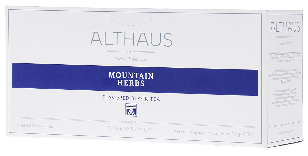 Althaus Grand Pack Mountain Herbs травяной чай в пакетиках, 20 штTALTHB-GP0045 Althaus Grand Pack Mountain Herbs травяной чай в пакетиках, 20 штTALTHB-GP0045Althaus Grand Pack Mountain Herbs (Горные травы) - купаж лучших сортов черного чая с плантаций Индии и Цейлона, дополненный бережно высушенными листочками горного чабреца. Grand Pack - современная концепция заваривания листового чая в запечатанных чайных фильтрах большего размера. Листья при заварке полностью раскрывают свой вкус и аромат.