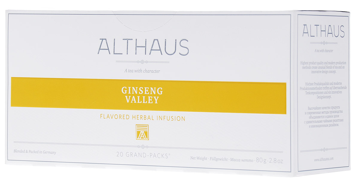 Althaus Grand Pack Ginseng Valley травяной чай в пакетиках, 20 штTALTHB-GP0039 Althaus Grand Pack Ginseng Valley травяной чай в пакетиках, 20 штTALTHB-GP0039Althaus Ginseng Valley (Женьшеневая Долина) — уникальный велнес-напиток на основе целебных трав. В этот купаж входят женьшень, зверобой, листья березы и крапивы, лимонник, сандал. Женьшень улучшает самочувствие, лимонник дарит бодрость, а зверобой, известный как трава от девяноста девяти болезней, укрепляет организм. Сочный персик и нежные цветы апельсина делают этот уникальный напиток не только полезным, но и исключительно приятным на вкус.