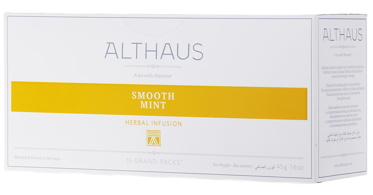 Althaus Grand Pack Smooth Mint травяной чай в пакетиках, 15 штTALTHB-GP0044 Althaus Grand Pack Smooth Mint травяной чай в пакетиках, 15 штTALTHB-GP0044Althaus Smooth Mint (Нежная мята) - полезный травяной купаж c освежающим ароматом душистой мяты, легкой терпкостью мате и сладковатым цветочным вкусом. Grand Pack - современная концепция заваривания листового чая в запечатанных чайных фильтрах большего размера. Листья при заварке полностью раскрывают свой вкус и аромат.