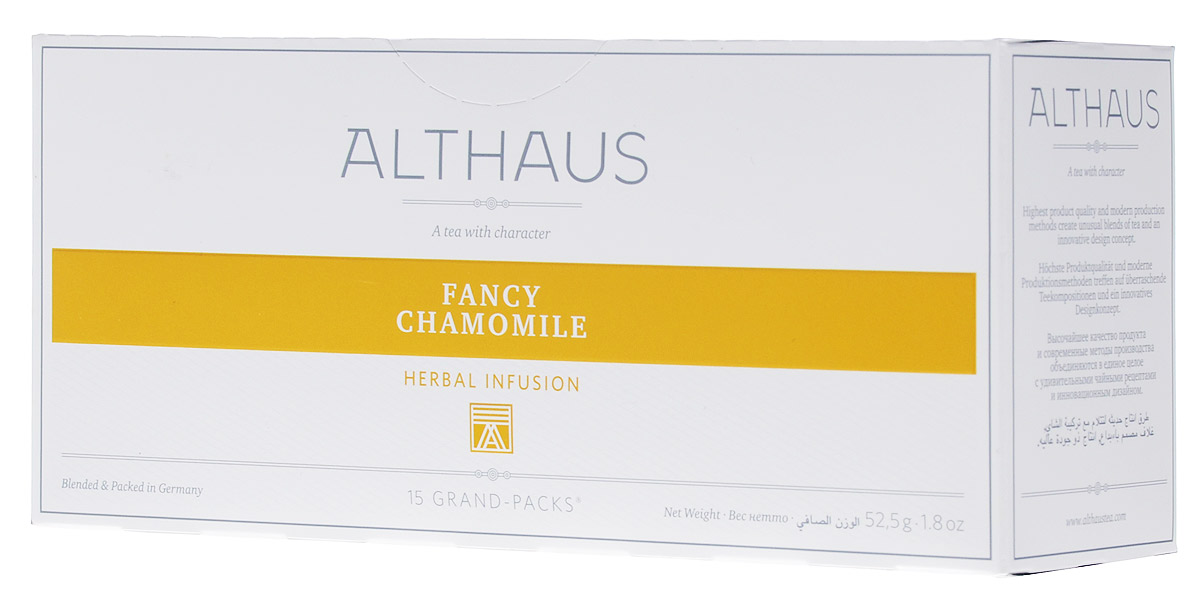 Althaus Grand Pack Fancy Camomile травяной чай в пакетиках, 15 штTALTHB-GP0043 Althaus Grand Pack Fancy Camomile травяной чай в пакетиках, 15 штTALTHB-GP0043Althaus Fancy Camomile (Благородная ромашка) - нежный травяной напиток с пряным вкусом ромашки и освежающих трав. Grand Pack - современная концепция заваривания листового чая в запечатанных чайных фильтрах большего размера. Листья при заварке полностью раскрывают свой вкус и аромат.
