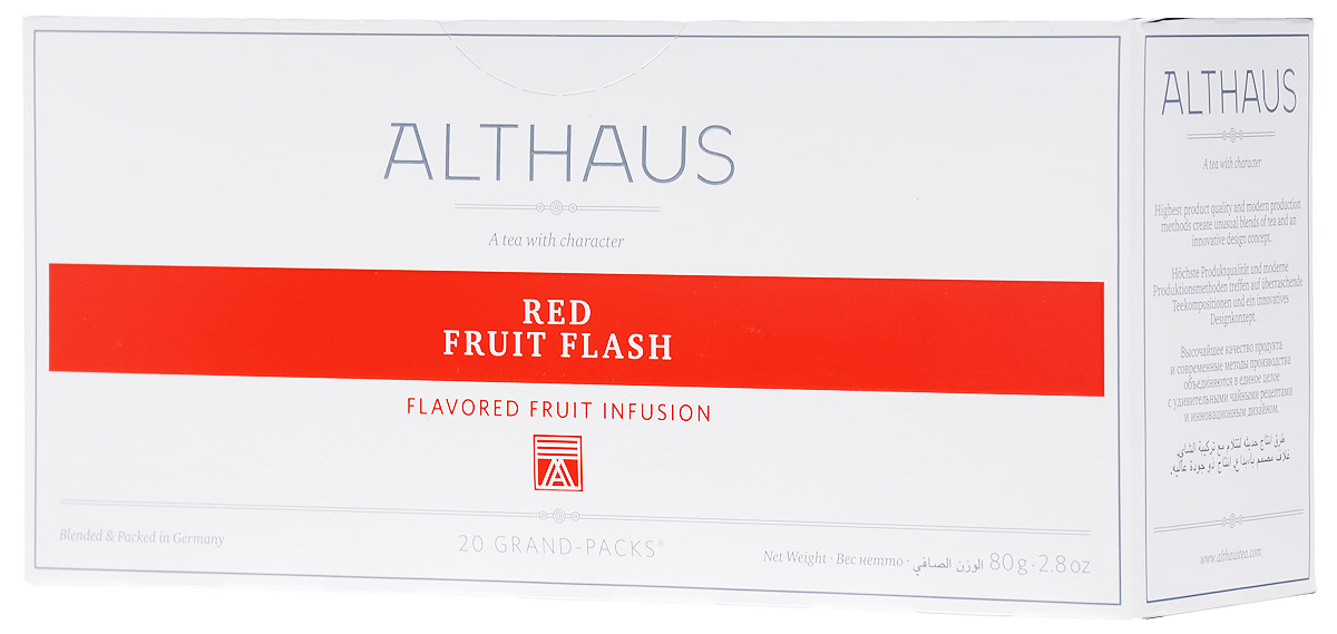 Althaus Grand Pack Red Fruit Flash травяной чай в пакетиках, 20 штTALTHB-GP0042 Althaus Grand Pack Red Fruit Flash травяной чай в пакетиках, 20 штTALTHB-GP0042Althaus Red Fruit Flash (Ред Фрут Флэш) - уникальный фруктовый купаж с ярким ягодным ароматом домашнего варенья и приятной кислинкой рубинового каркаде. Grand Pack - современная концепция заваривания листового чая в запечатанных чайных фильтрах большего размера. Листья при заварке полностью раскрывают свой вкус и аромат.