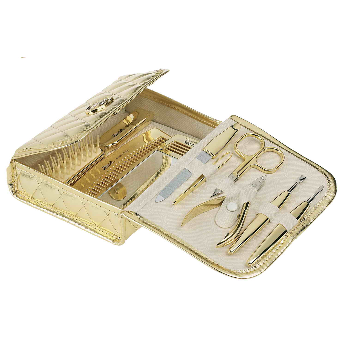 Janeke Набор маникюрный с расческами и зеркалом, A1970 ORO.548688 Janeke Набор маникюрный с расческами и зеркалом, A1970 ORO.548688Марка Janeke – мировой лидер по производству расчесок, щеток, маникюрных принадлежностей, зеркал и косметичек. Марка Janeke, основанная в 1830 году, вот уже почти 180 лет поддерживает непревзойденное качество своей продукции, сочетая новейшие технологии с традициями старых миланских мастеров. Все изделия на 80% производятся вручную, а инновационные технологии и современные материалы делают продукцию марки поистине уникальной. Стильный и эргономичный дизайн, яркие цветовые решения – все это приносит истинное удовольствие от использования аксессуаров Janeke. Маникюрные наборы сочетают в себе элегантность и практичность, футляры изготовлены из натуральной или искусственной кожи. Маникюрные аксессуары производятся из высококачественных материалов.