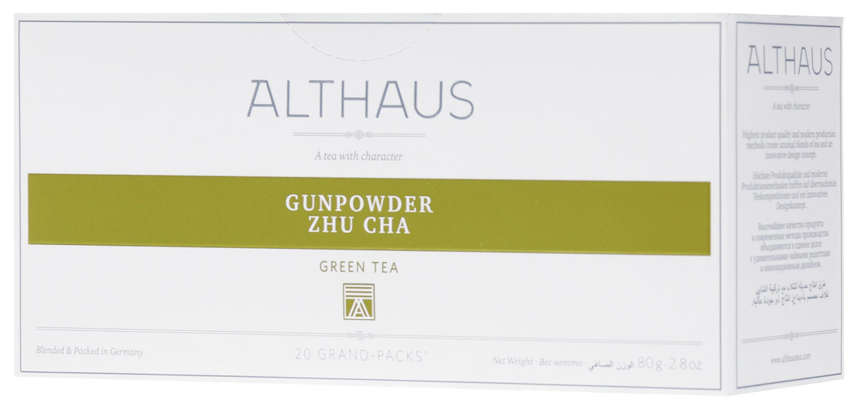 Althaus Grand Pack Gunpowder Zhu Cha зеленый чай в пакетиках, 20 штTALTHB-GP0034 Althaus Grand Pack Gunpowder Zhu Cha зеленый чай в пакетиках, 20 штTALTHB-GP0034Althaus Gunpowder Zhu Cha (Жу Ча Ружейный Порох) — популярный китайский зеленый чай с классическим ароматом и терпким травянистым вкусом. Взрывное имя этому чаю в XVIII веке дали англичане, так как его сильно скрученные глянцевитые листочки внешне напоминали металлические дробинки. Жу Ча пьют в обед и вечером, с сахаром, мятой, лимоном.